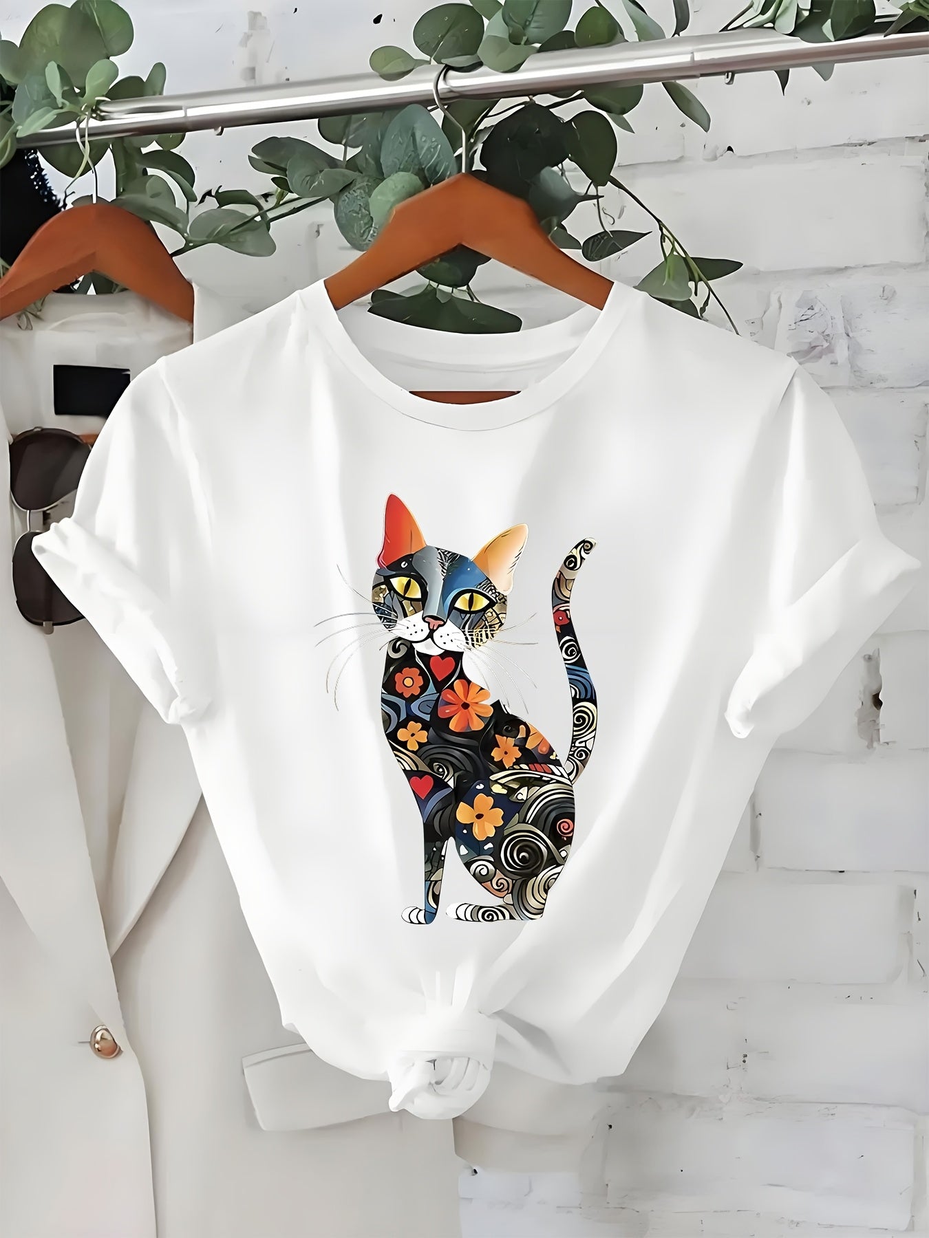 Watercolor Cat Printed Casual T-Shirt for Women