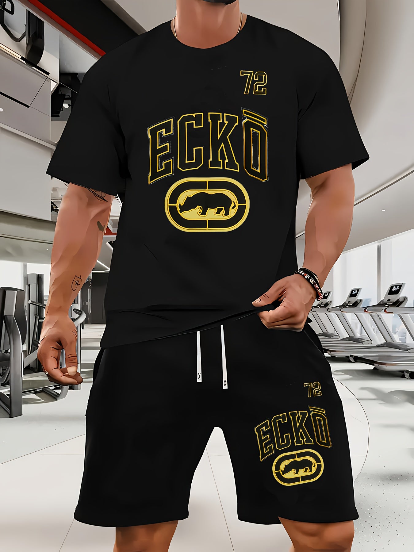 Men's Casual Rhino Badge Print T-Shirt and Shorts Set