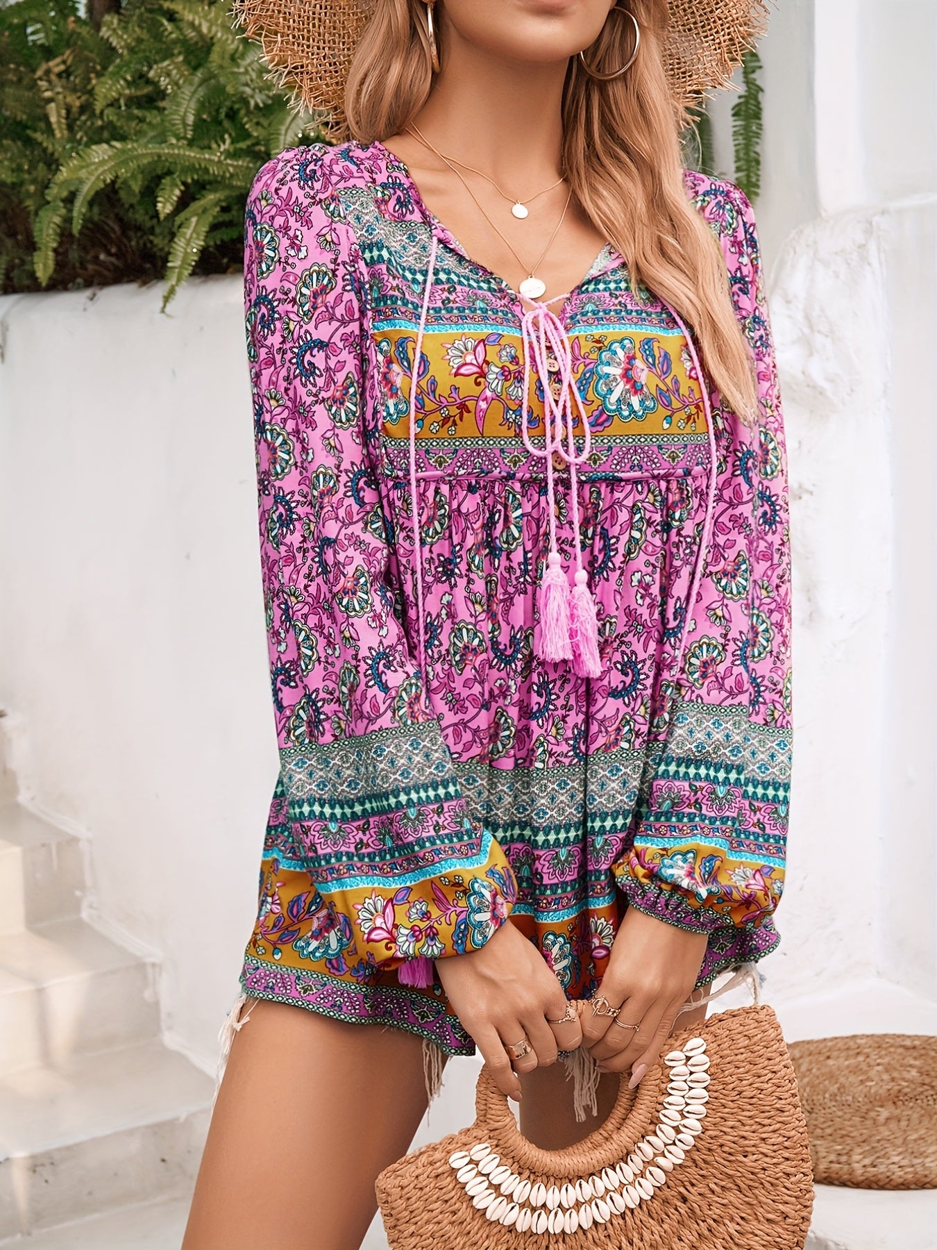 Bohemian Print Lace-Up Tassel Shirt for Women