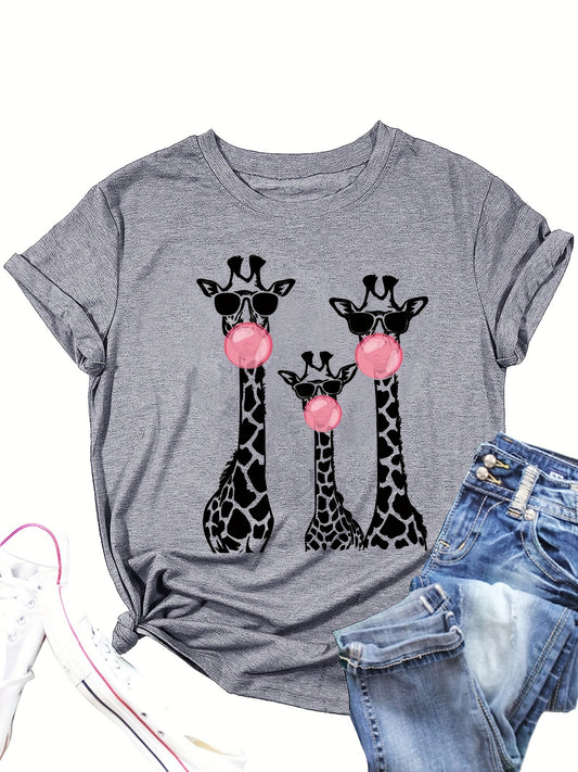 Womens Giraffe Print Casual T-Shirt for Spring and Summer