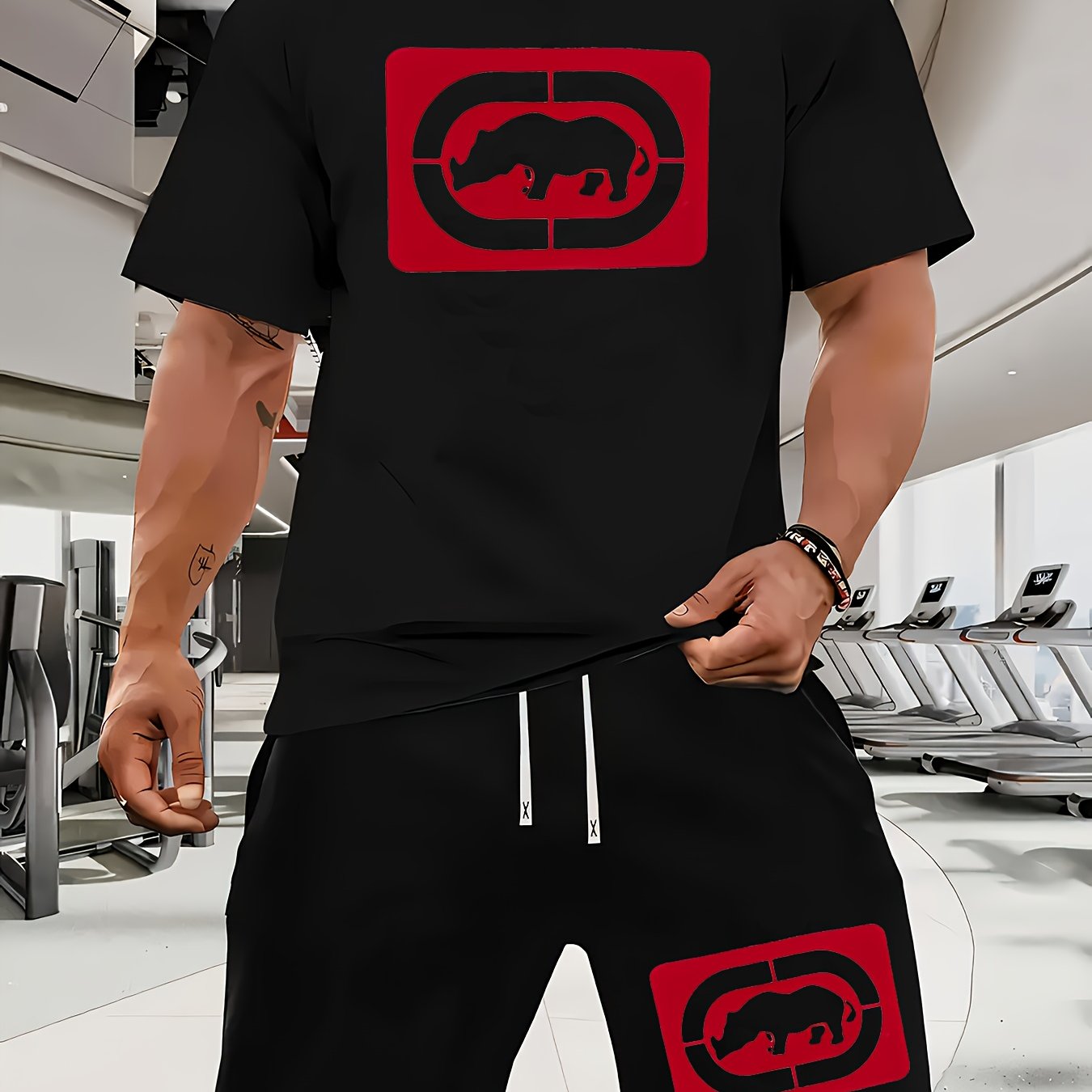 Men's Casual Rhino Badge Print T-Shirt and Shorts Set