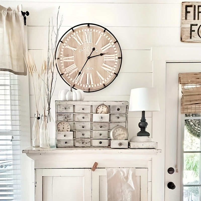 Silent Metal Frame Wall Clock with Engraved Wooden Numbers