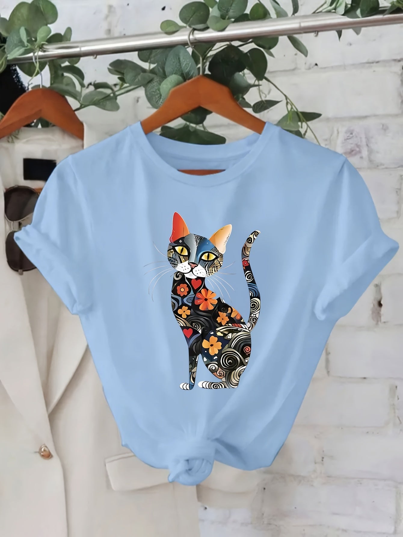 Watercolor Cat Printed Casual T-Shirt for Women