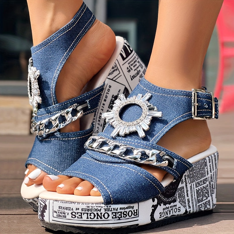 Newspaper Buckle Denim Wedge Slippers for Stylish Comfort