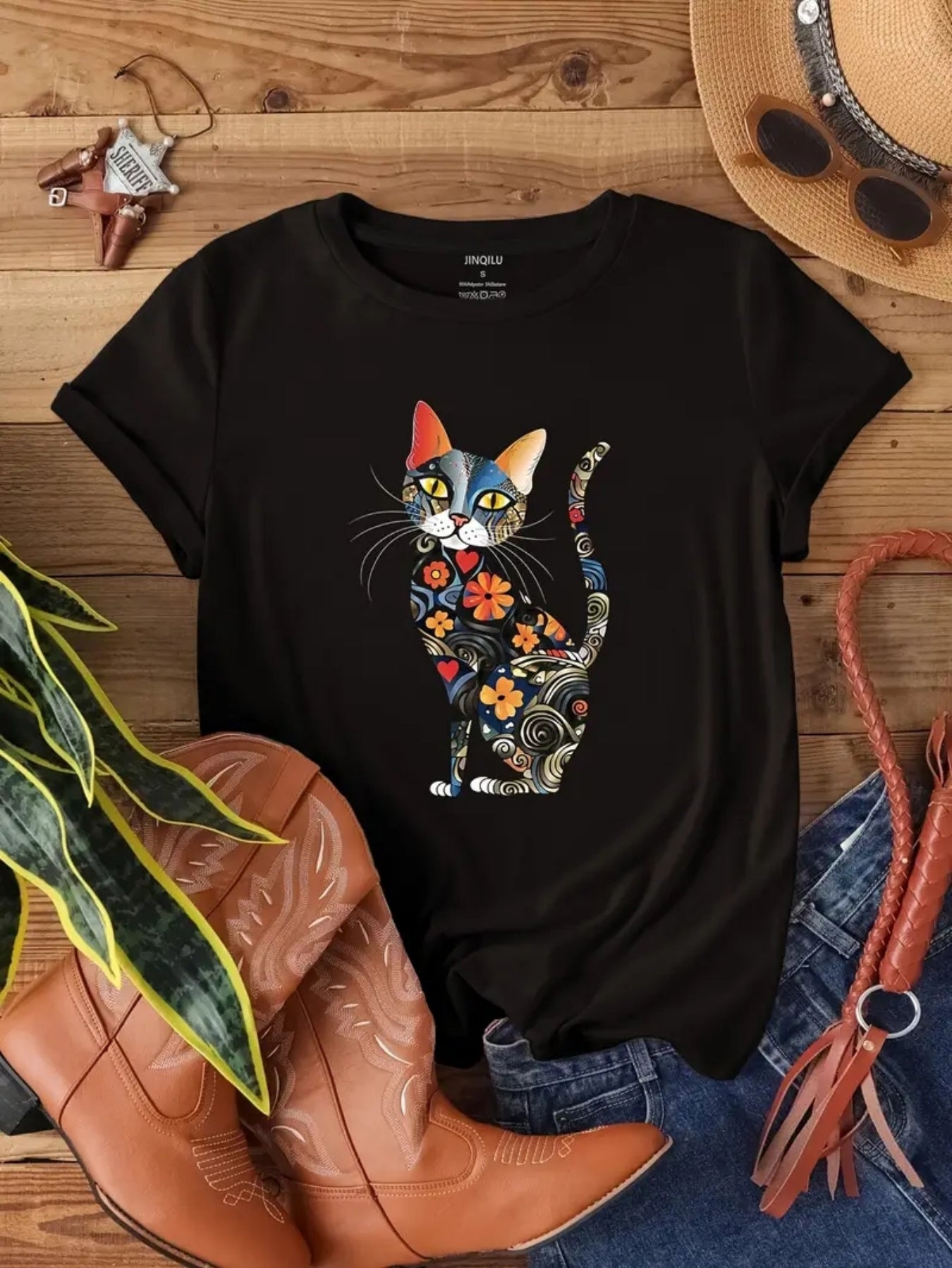 Watercolor Cat Printed Casual T-Shirt for Women