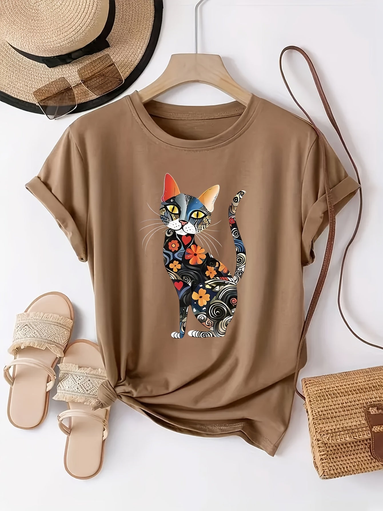 Watercolor Cat Printed Casual T-Shirt for Women