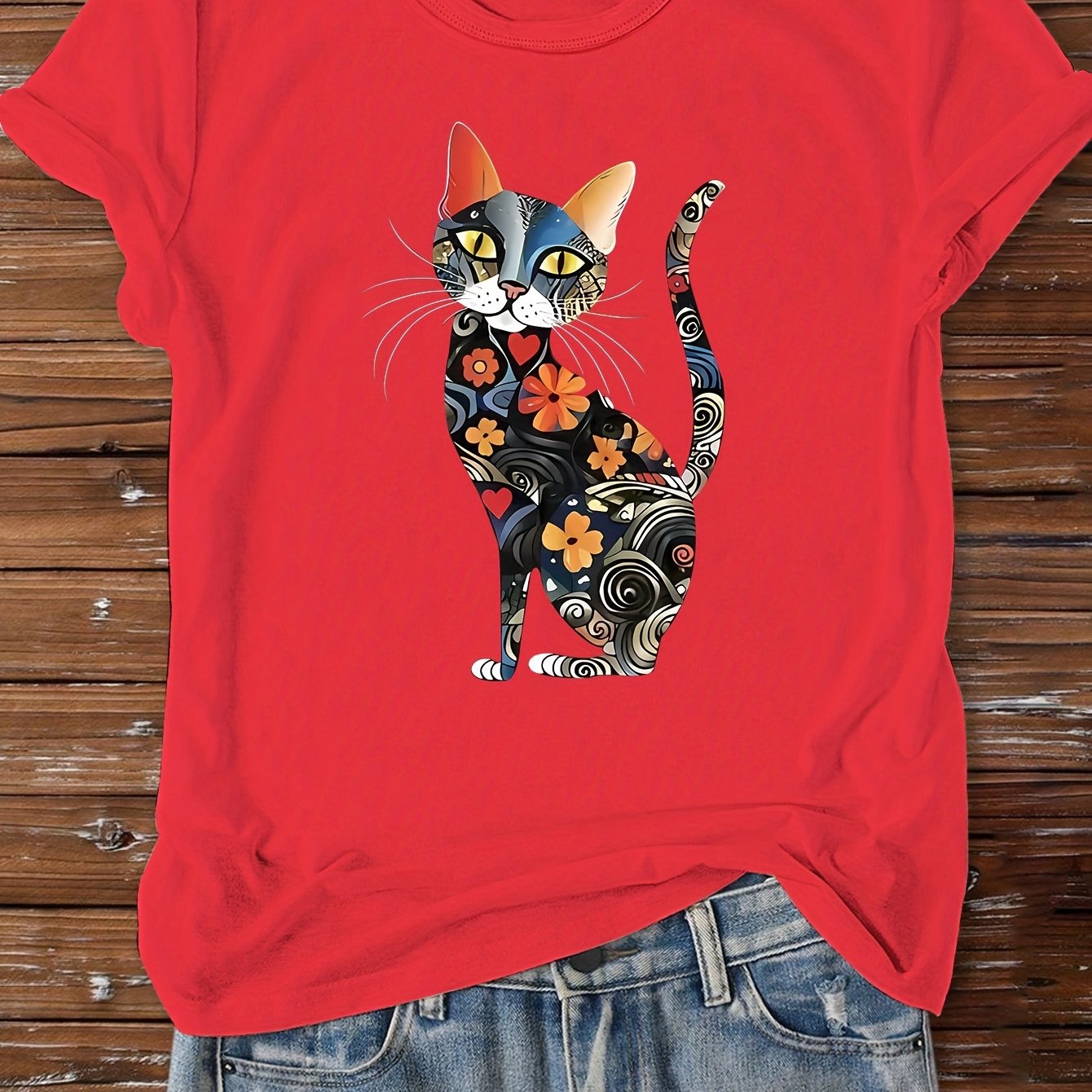 Watercolor Cat Printed Casual T-Shirt for Women