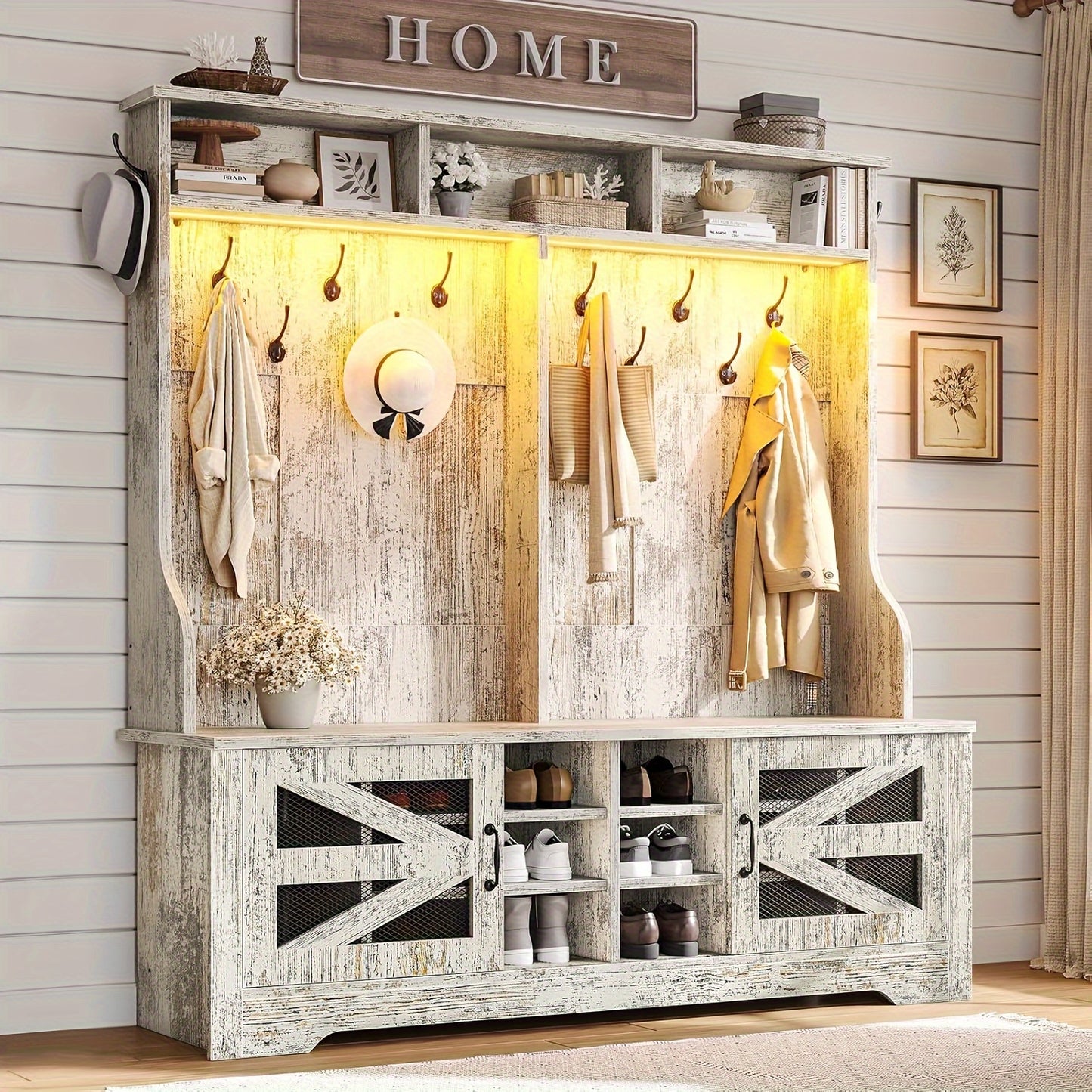 5-in-1 Hall Tree Bench with Shoe Storage and Coat Rack