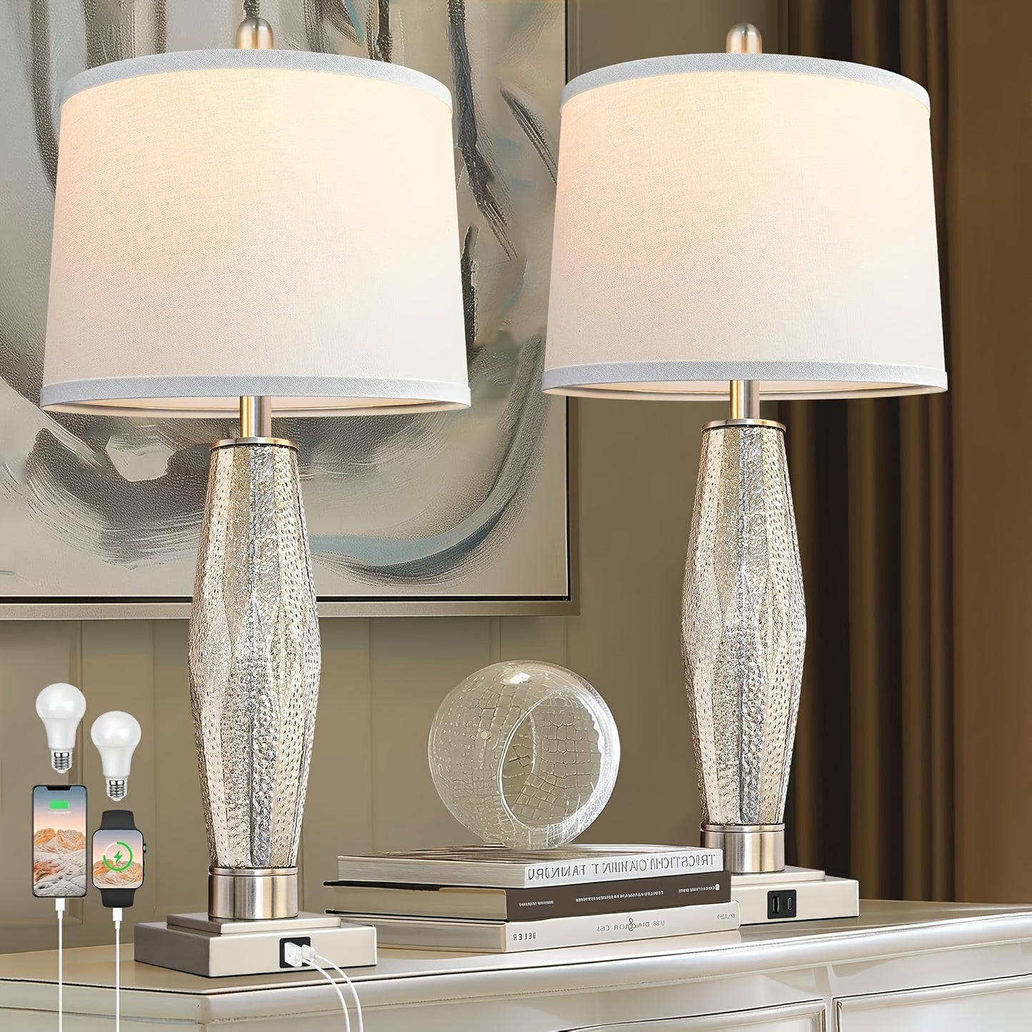 Modern Glass Table Lamps Set with USB Charging Ports