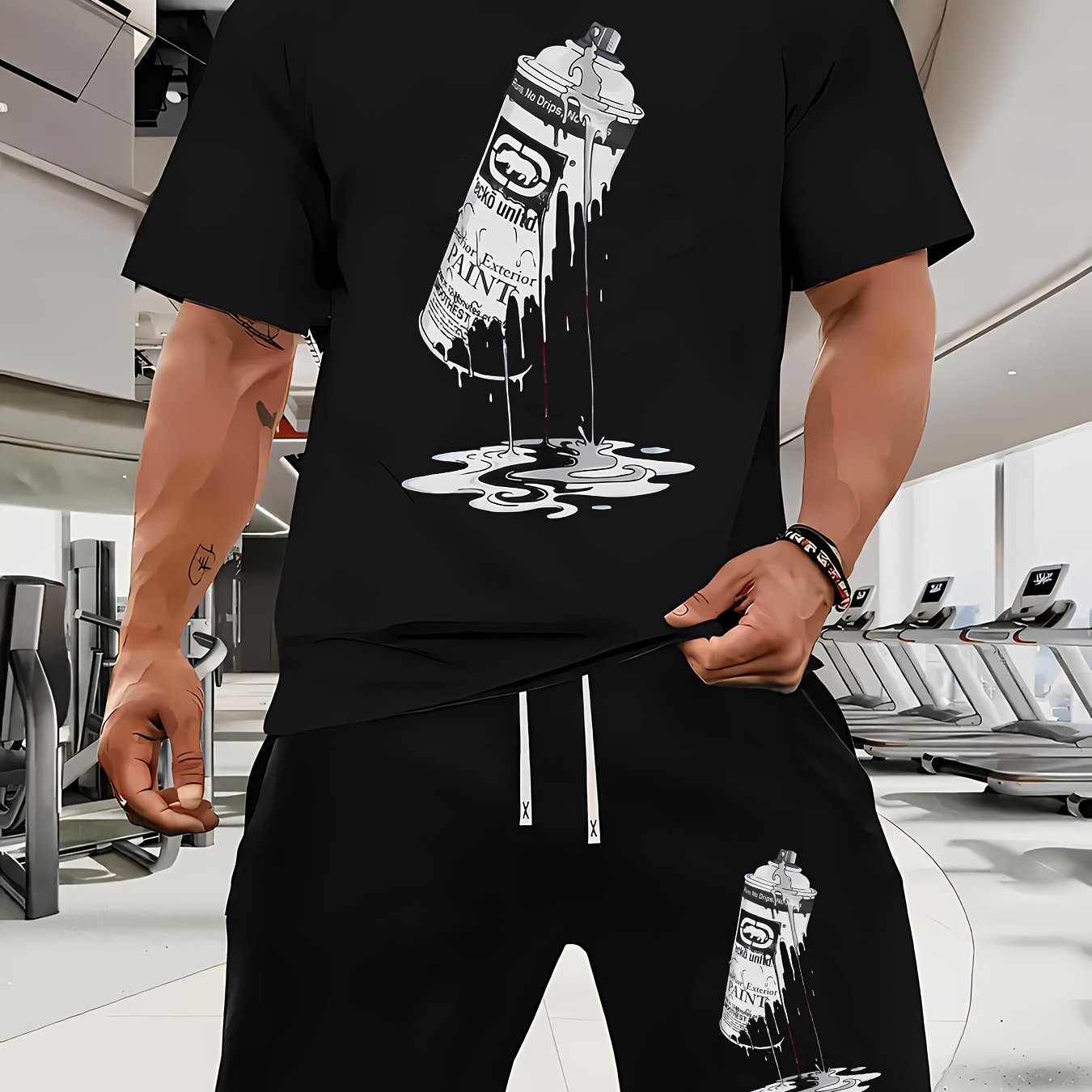 Men's Casual Rhino Badge Print T-Shirt and Shorts Set