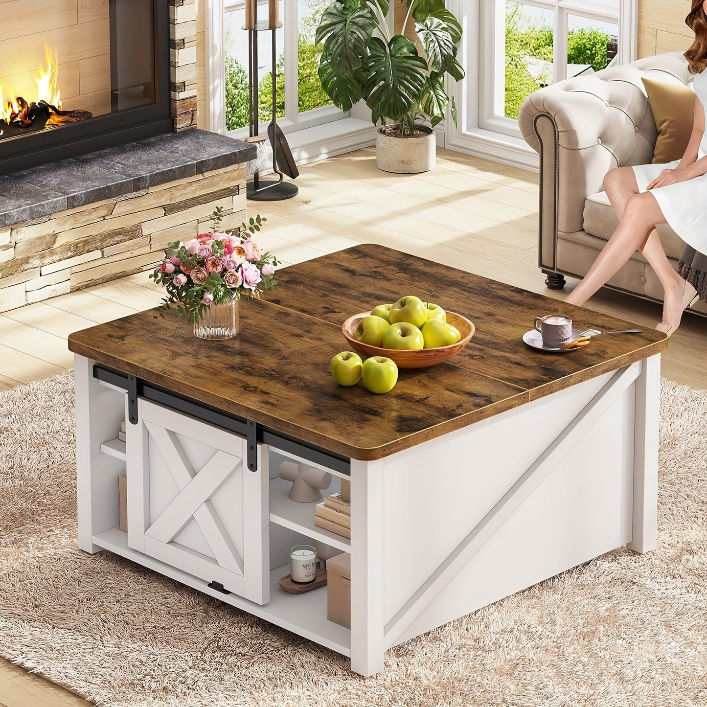 Farmhouse Lift Top Coffee Table with Hidden Storage Compartment