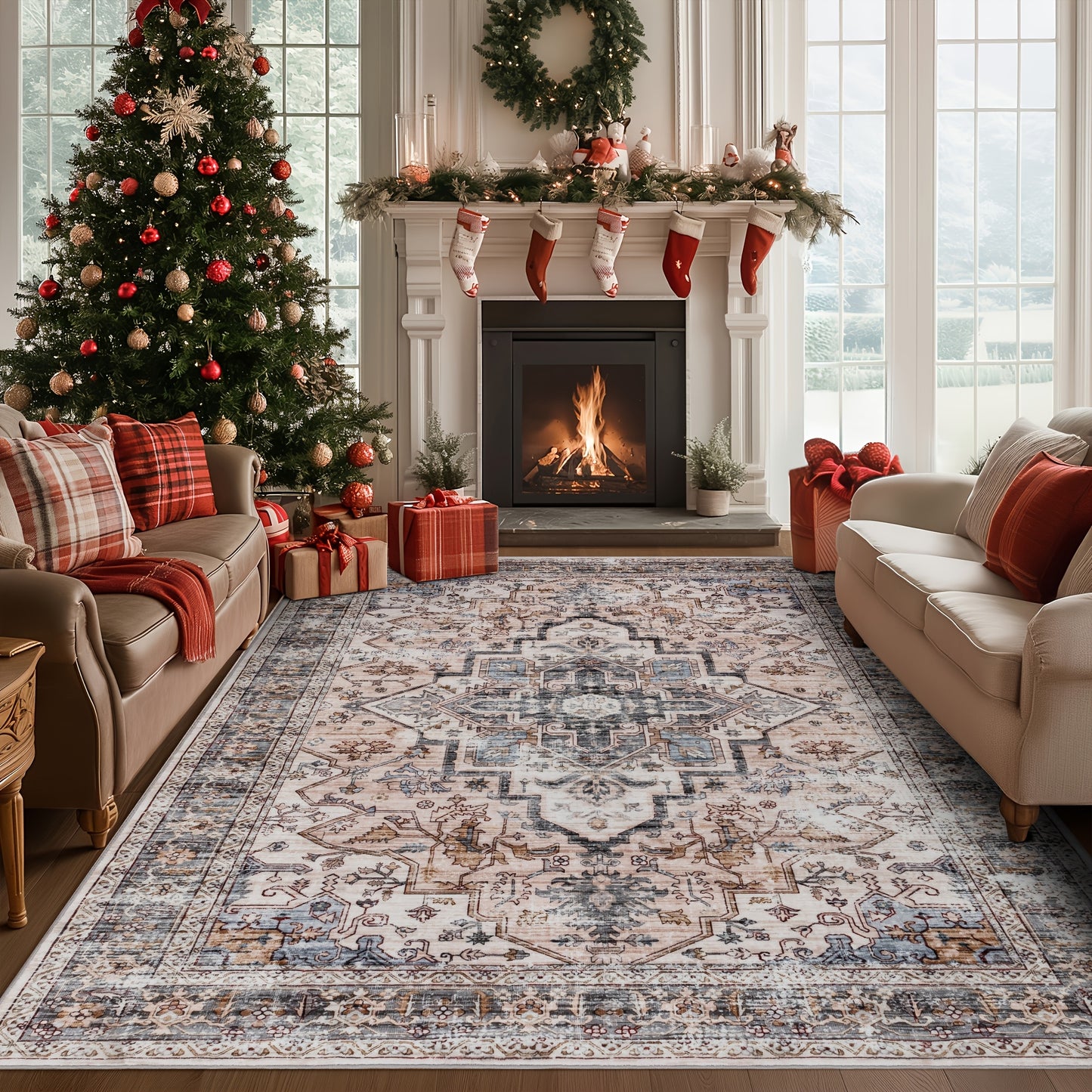 Bohemian Beige Washable Area Rugs for Living Room and Bedroom