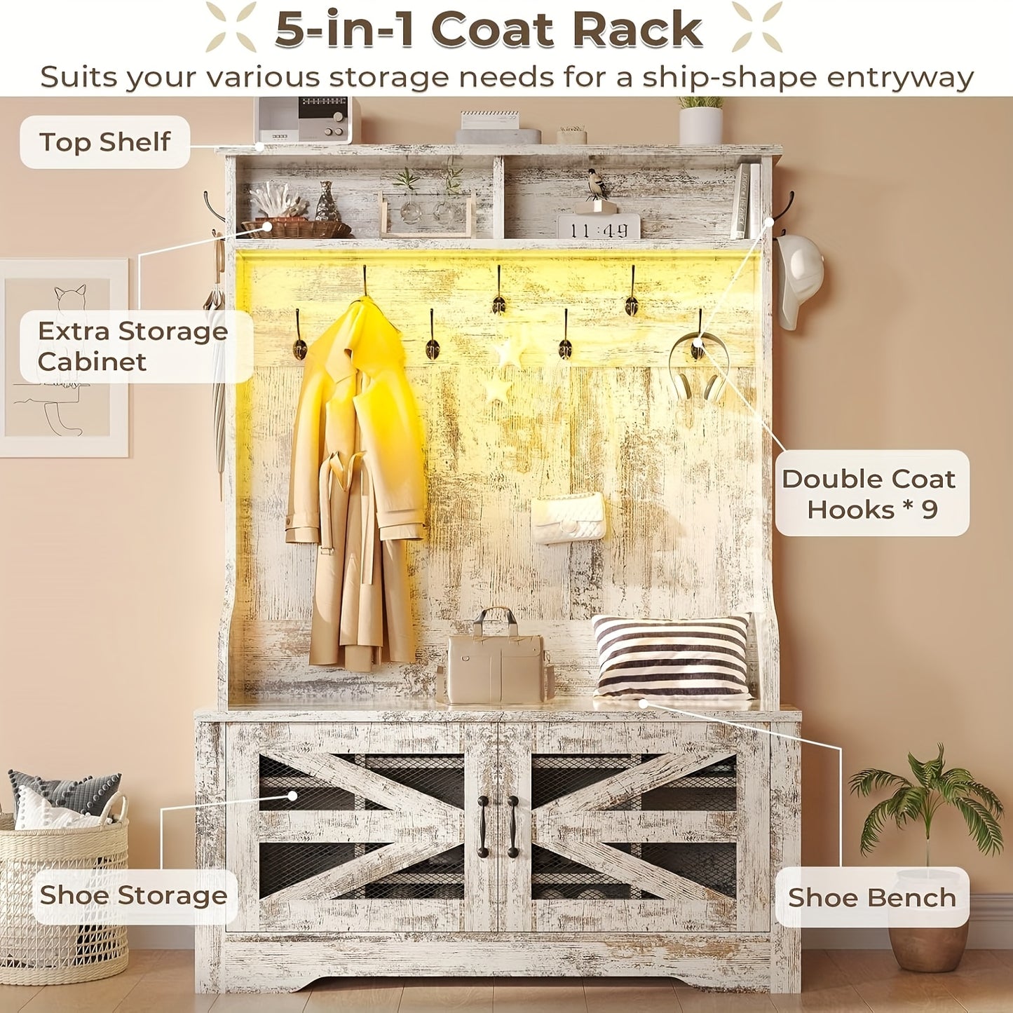 5-in-1 Hall Tree Bench with Shoe Storage and Coat Hooks