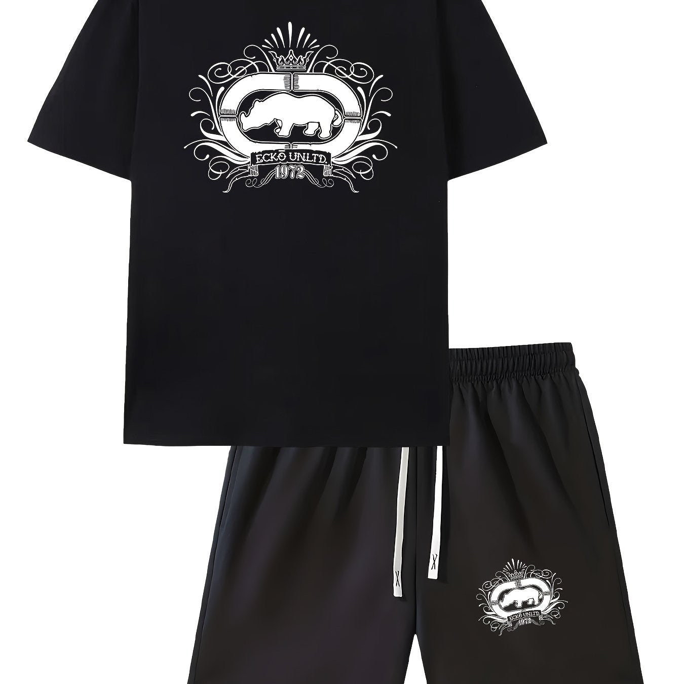 Men's Casual Rhino Badge Print T-Shirt and Shorts Set