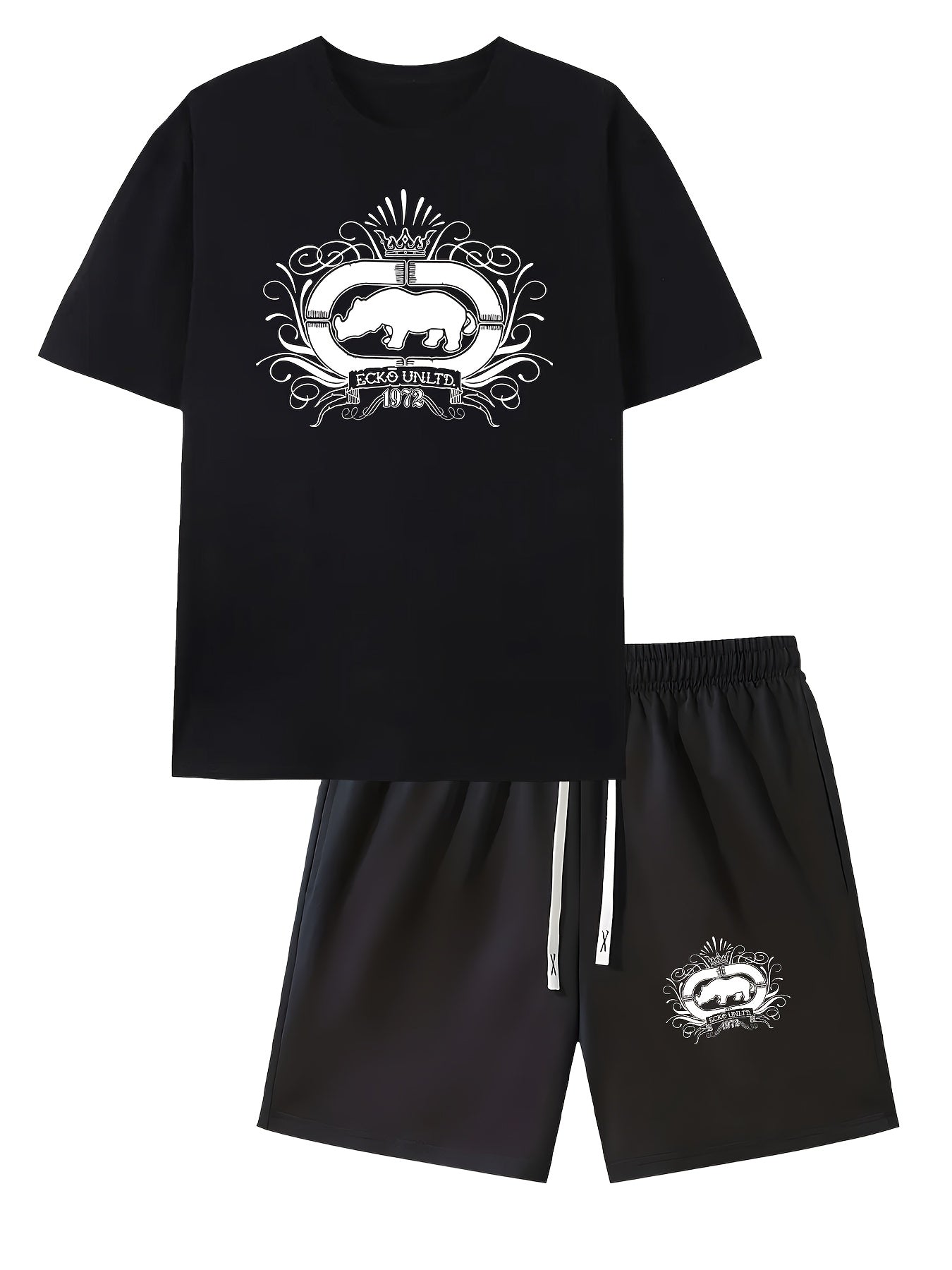 Men's Casual Rhino Badge Print T-Shirt and Shorts Set