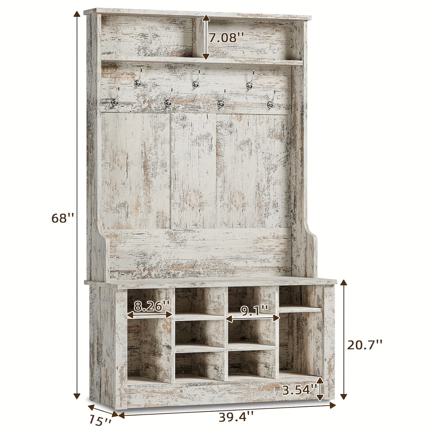 Adjustable Hall Tree with Shoe Storage and Hanging Hooks