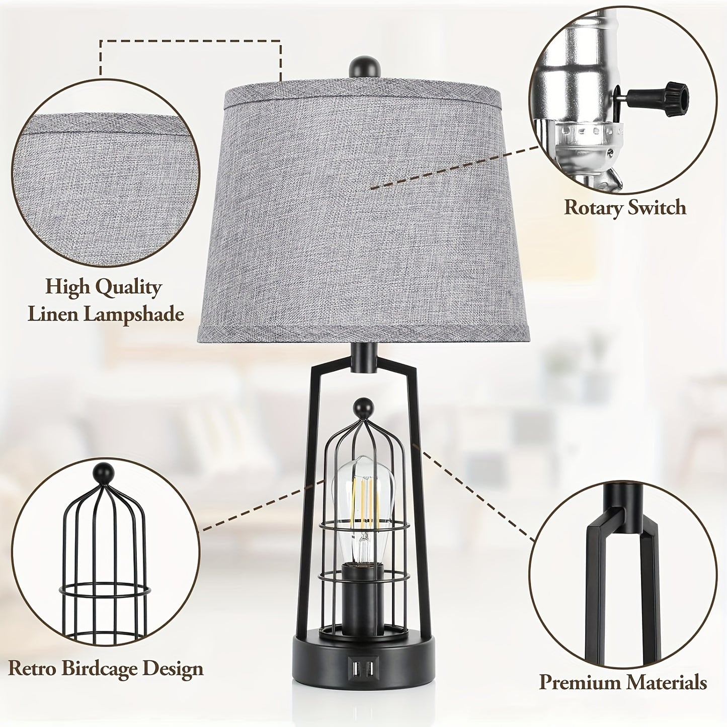 Rustic Farmhouse Table Lamps with USB Ports for Stylish Decor