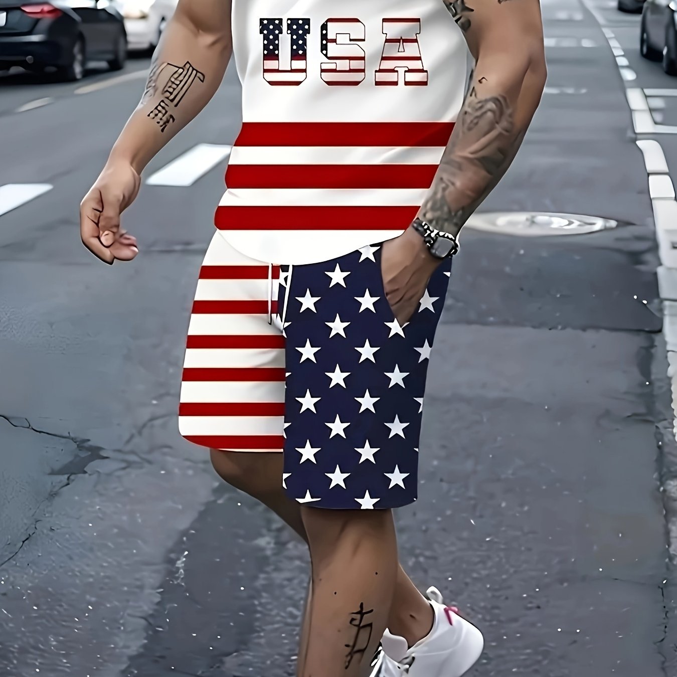 Men's Summer Fashion Set with American Flag Print