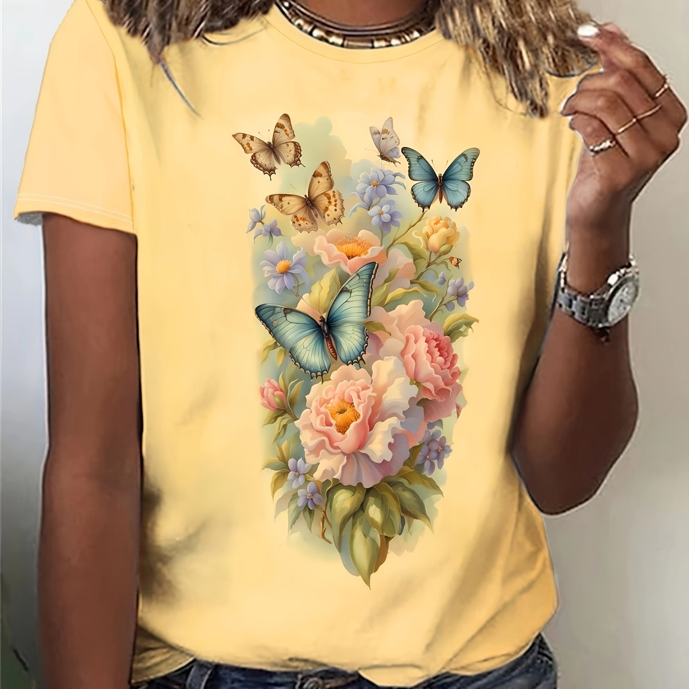 Women's Floral Butterfly Print Casual Crew Neck T-Shirt