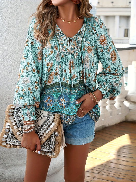 Floral Print V Neck Blouse With Drawstring Long Sleeves
