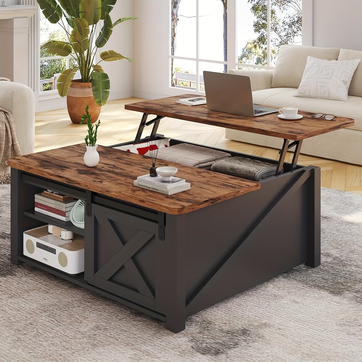 Farmhouse Lift Top Coffee Table with Hidden Storage Compartment
