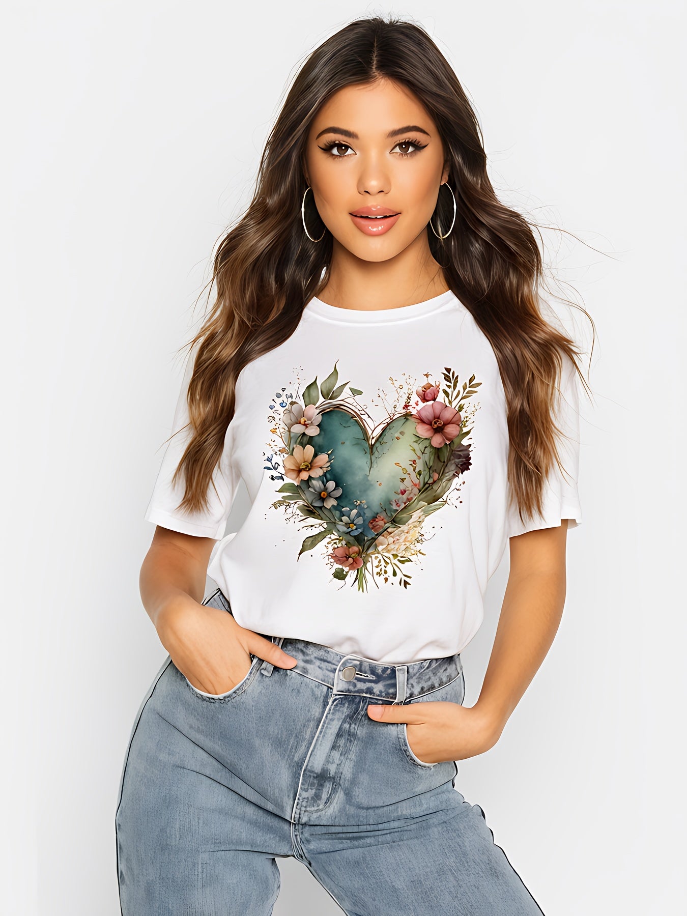 Floral Print Crew Neck T-Shirt for Women Casual Style