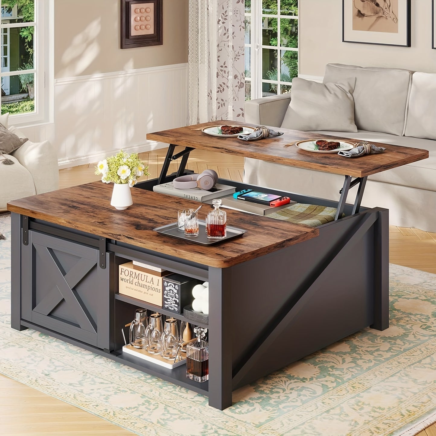 Farmhouse Lift Top Coffee Table with Hidden Storage Compartment