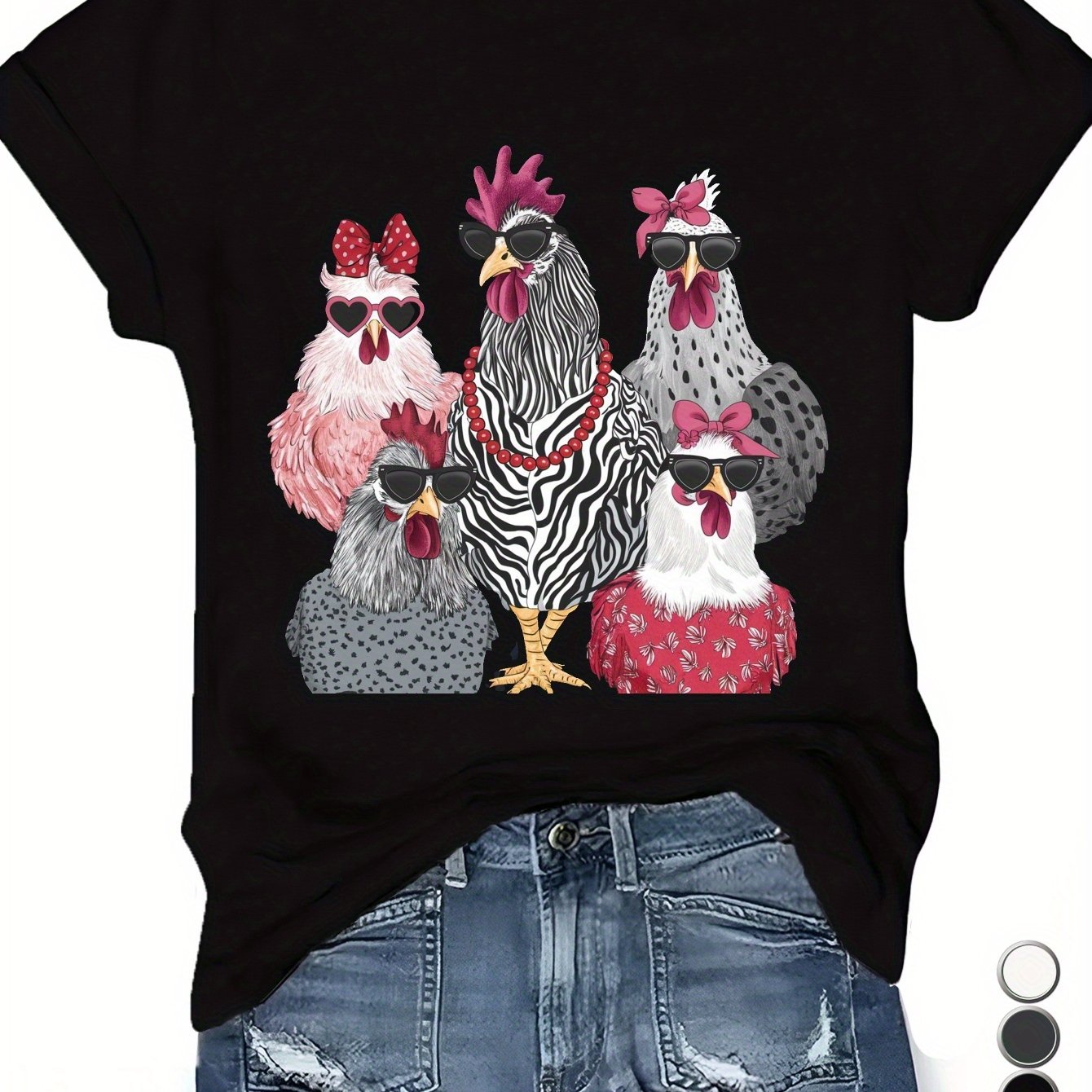 Chic Geometric Chicken Print Casual Crew Neck T-Shirt