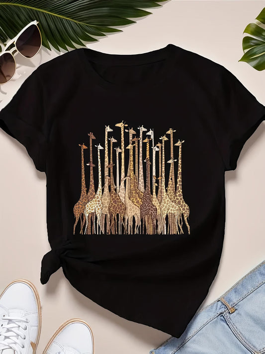 Women's Casual Giraffe Print Black T-Shirt for Everyday Wear