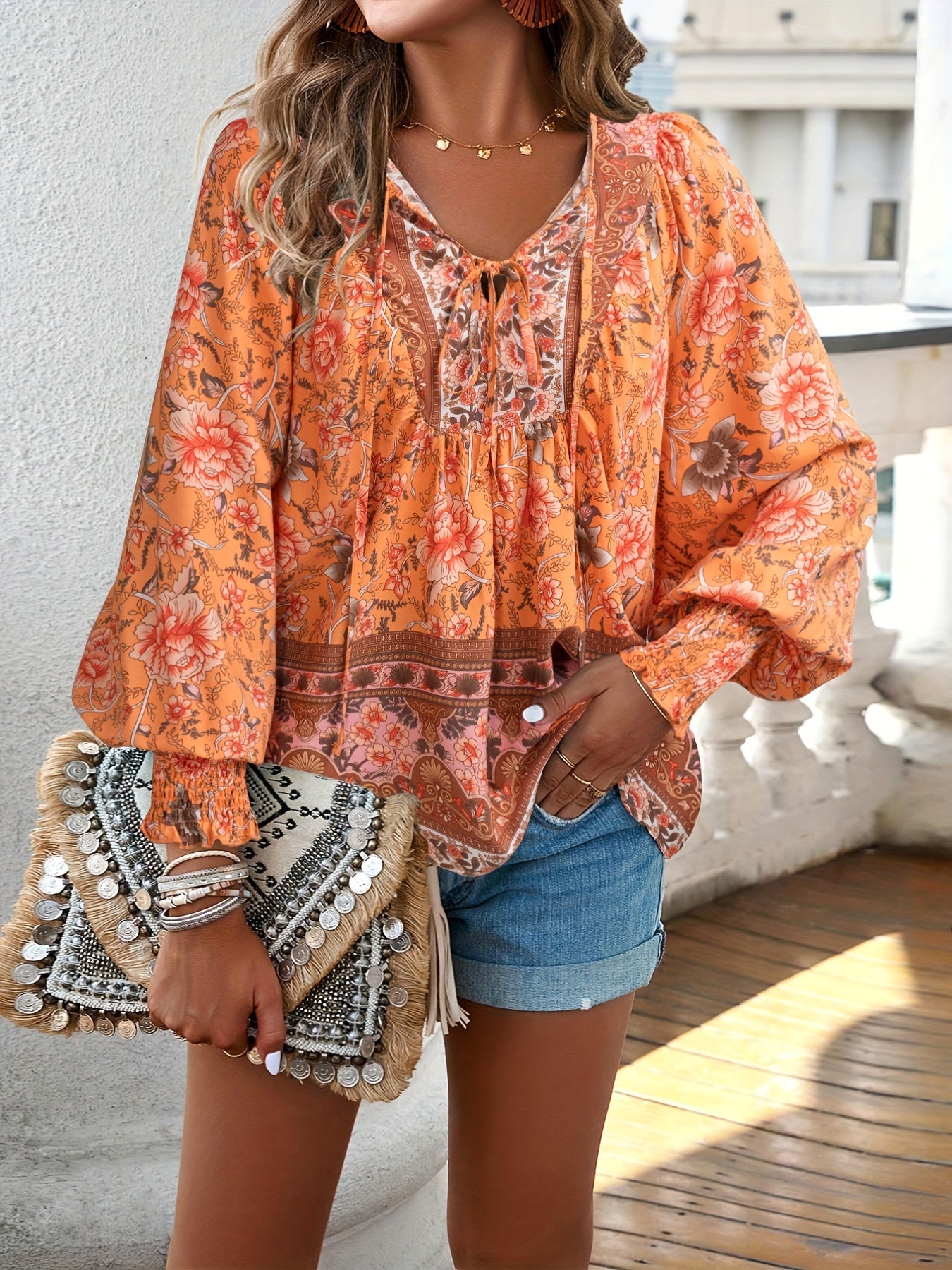 Floral Print V Neck Blouse With Drawstring Long Sleeves