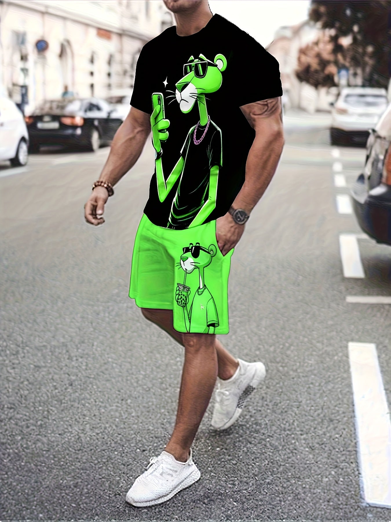 Men's 2pcs Casual 3D Leopard Print Sportswear Set