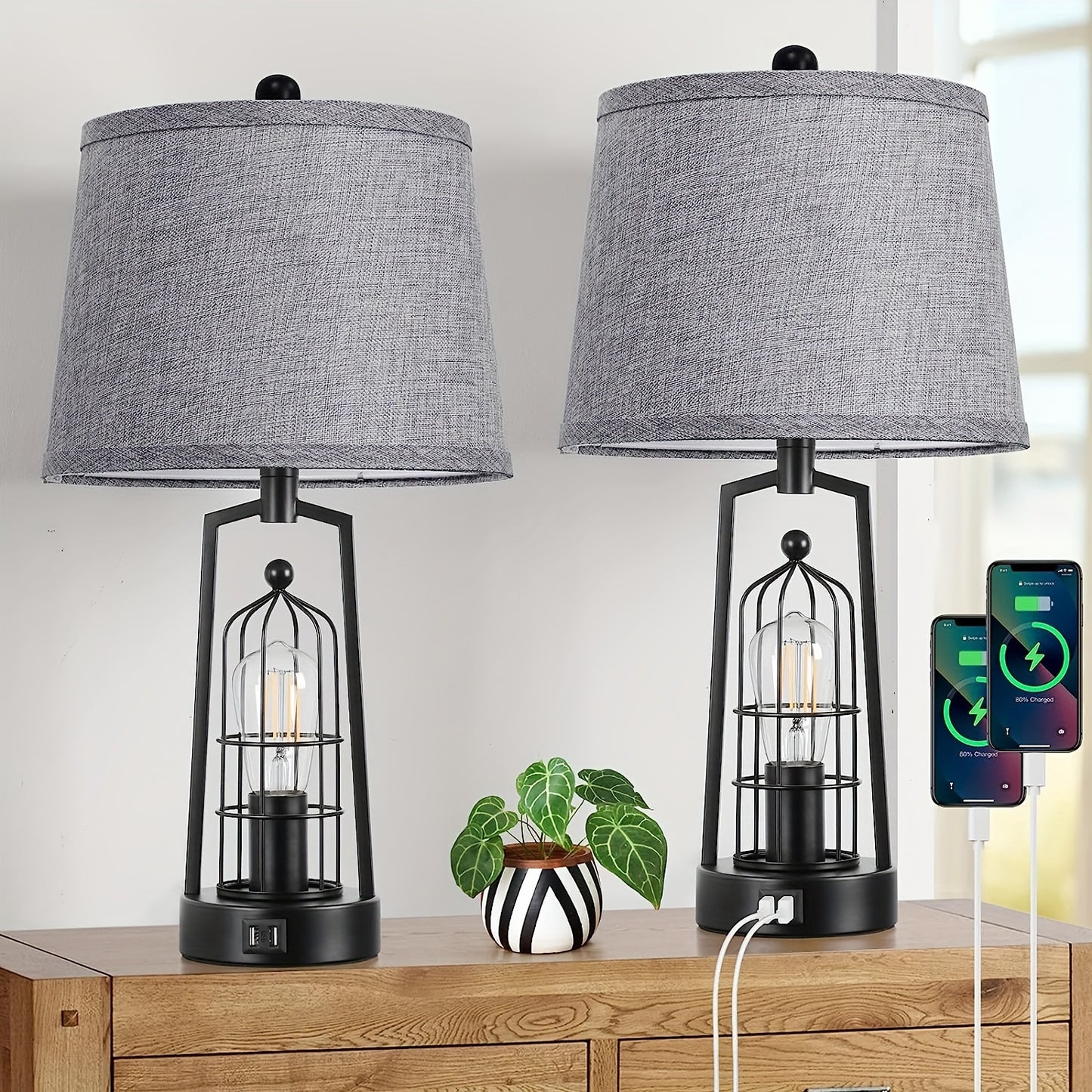 Rustic Farmhouse Table Lamps with USB Ports for Stylish Decor