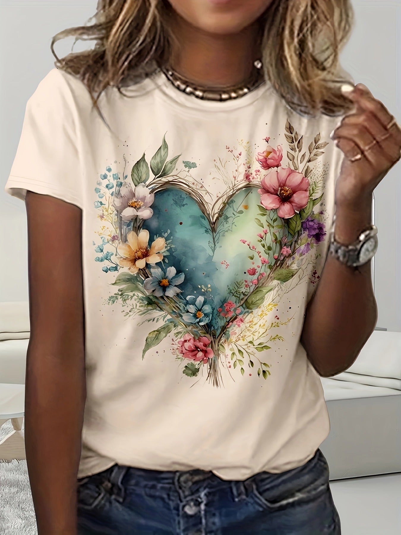 Floral Print Crew Neck T-Shirt for Women Casual Style