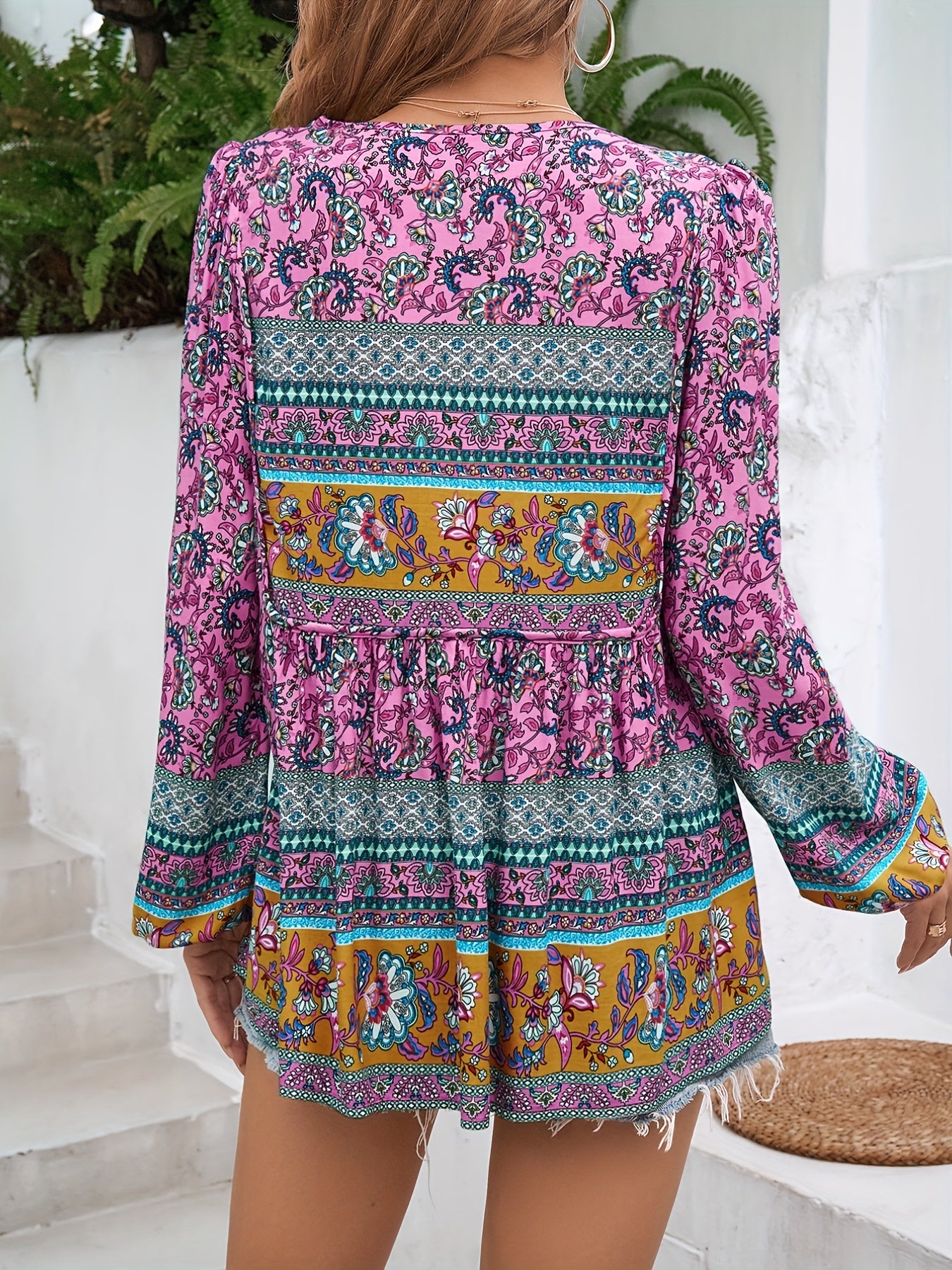 Bohemian Print Lace-Up Tassel Shirt for Women