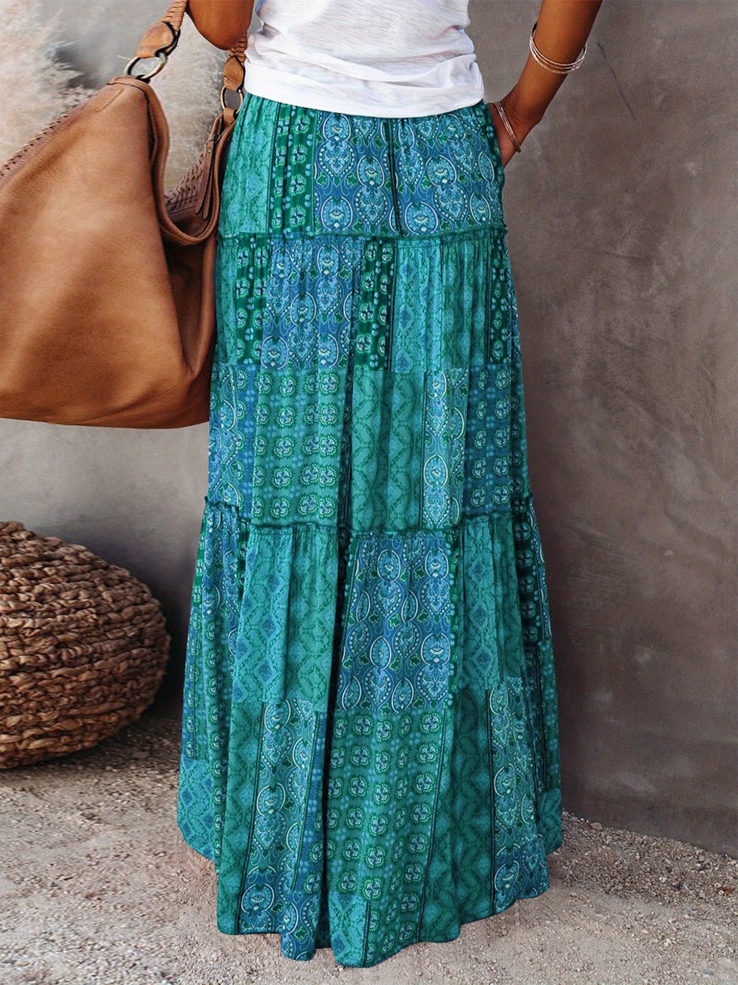 Women's Bohemian Maxi Skirt with Pockets and Vibrant Pattern