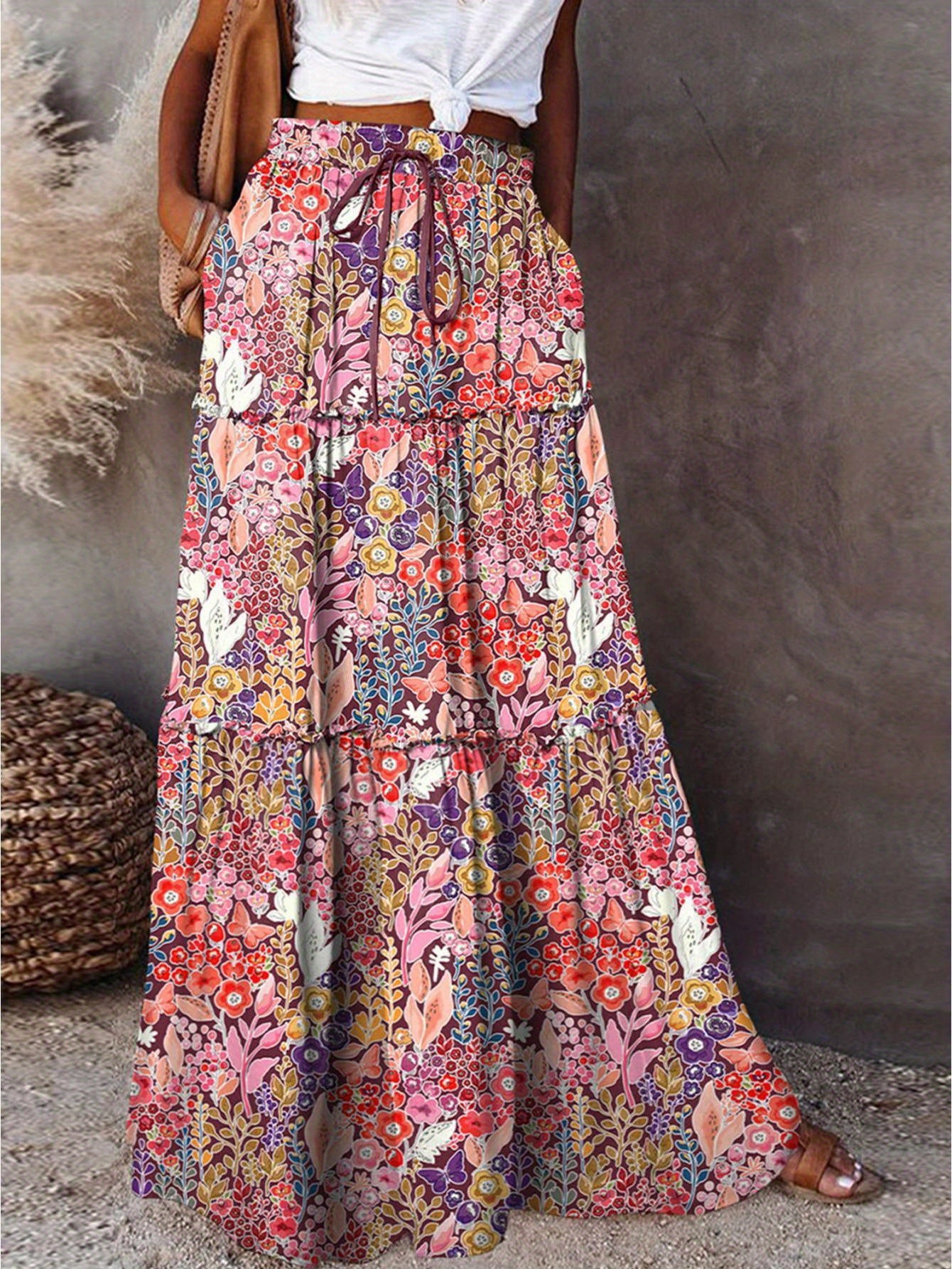 Women's Bohemian Maxi Skirt with Pockets and Vibrant Pattern
