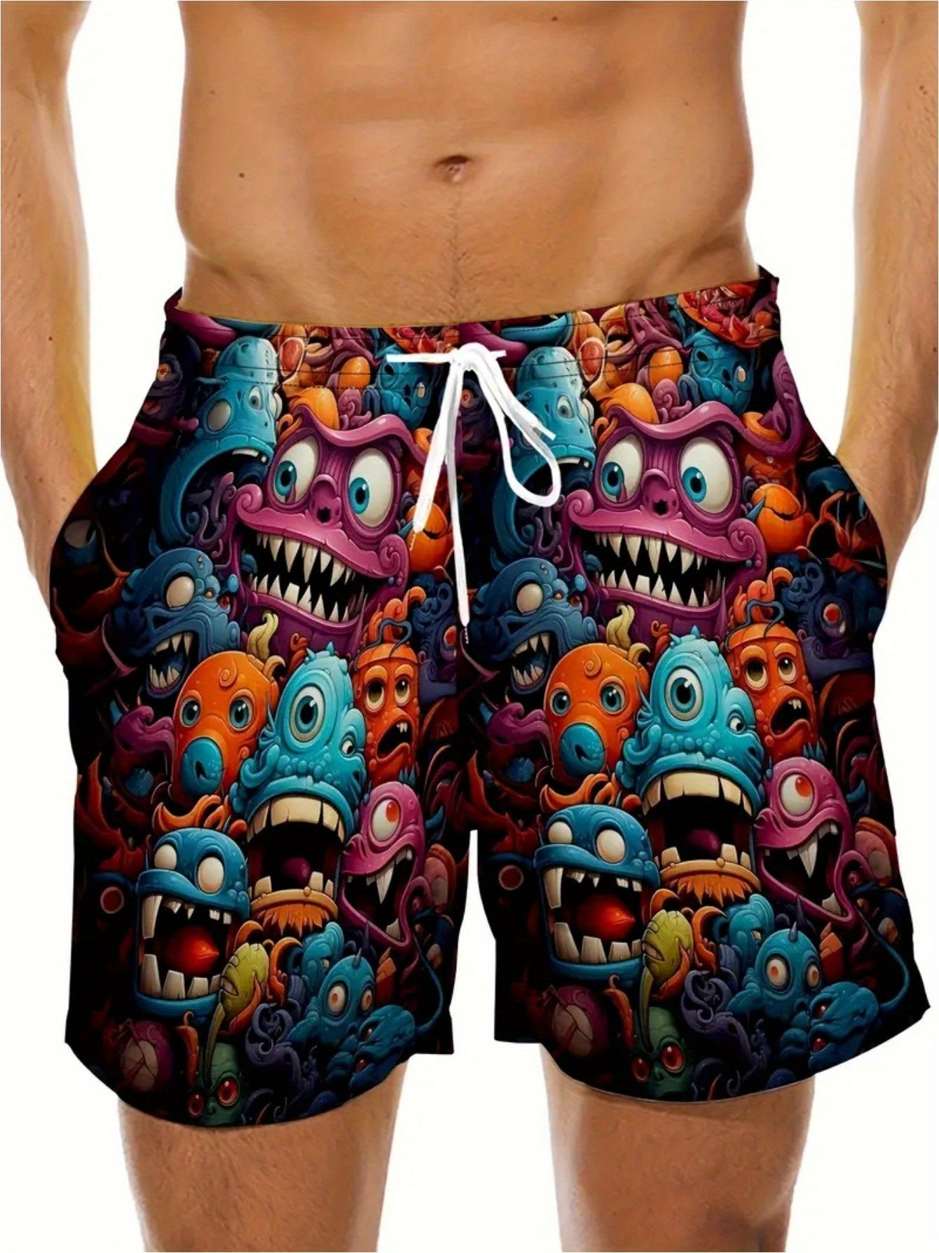 Men's Plus Size Summer Drawstring Shorts with Monster Print