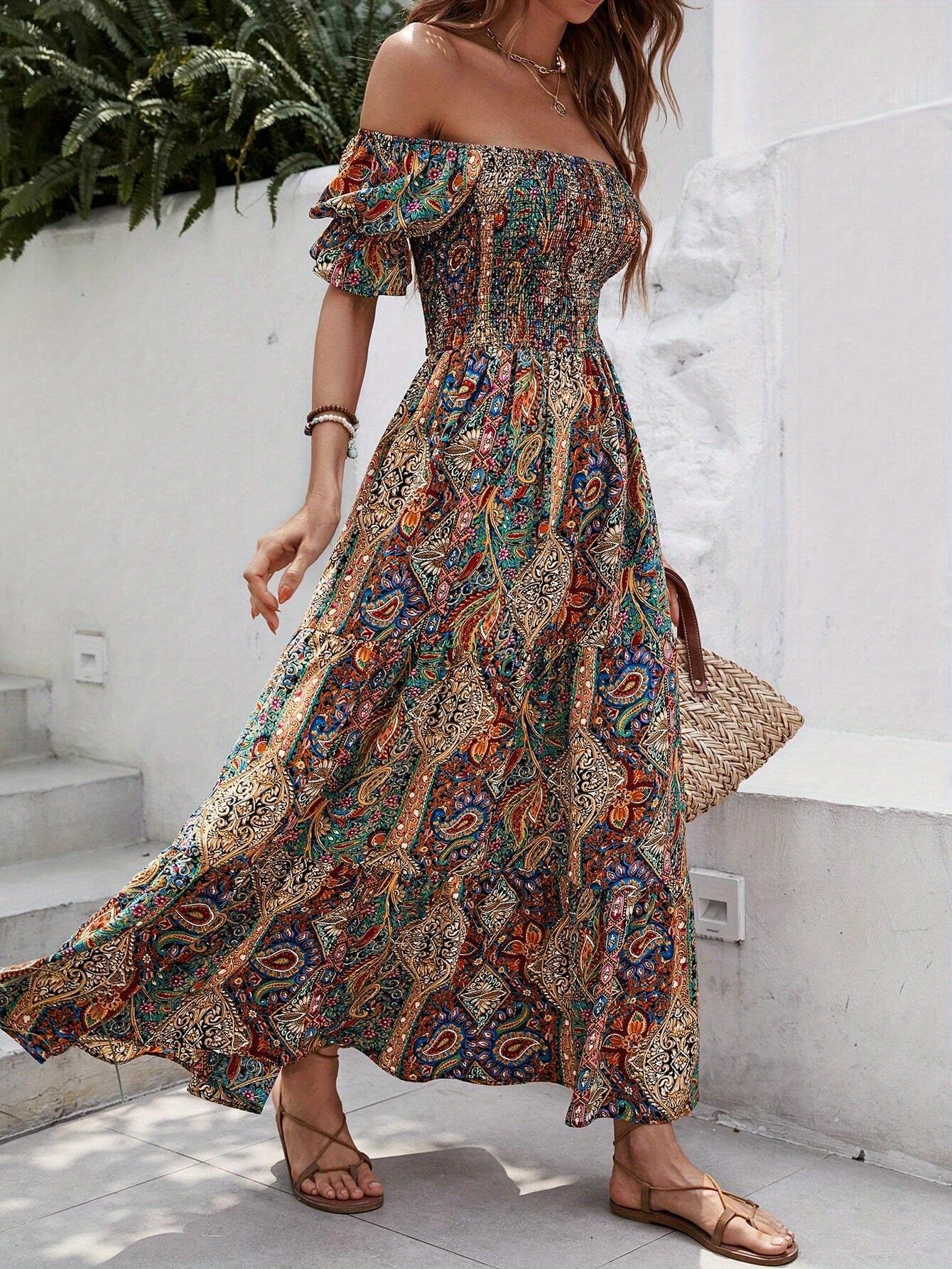 Womens Summer Bohemian Off Shoulder Beach Dress for Vacation