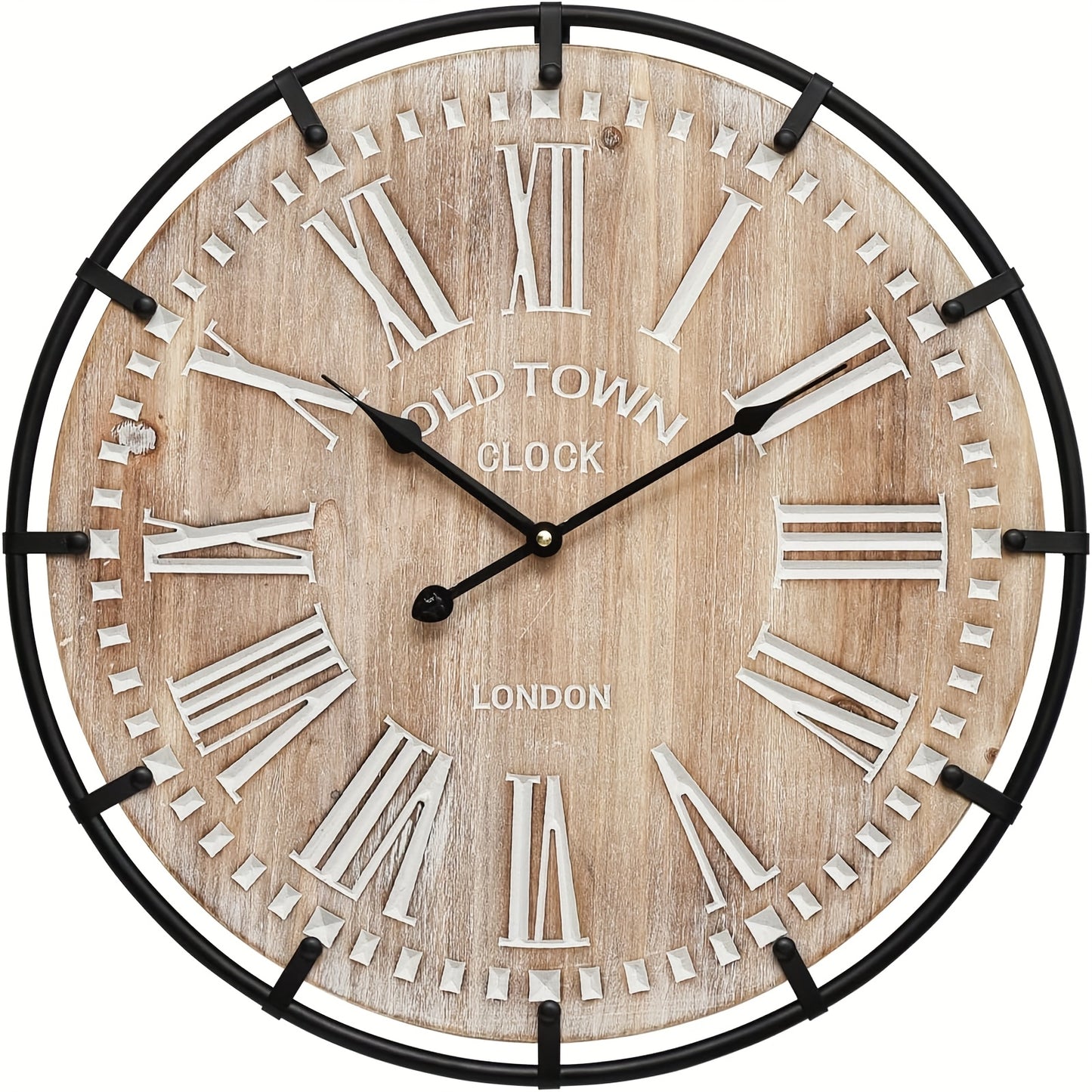 Silent Metal Frame Wall Clock with Engraved Wooden Numbers