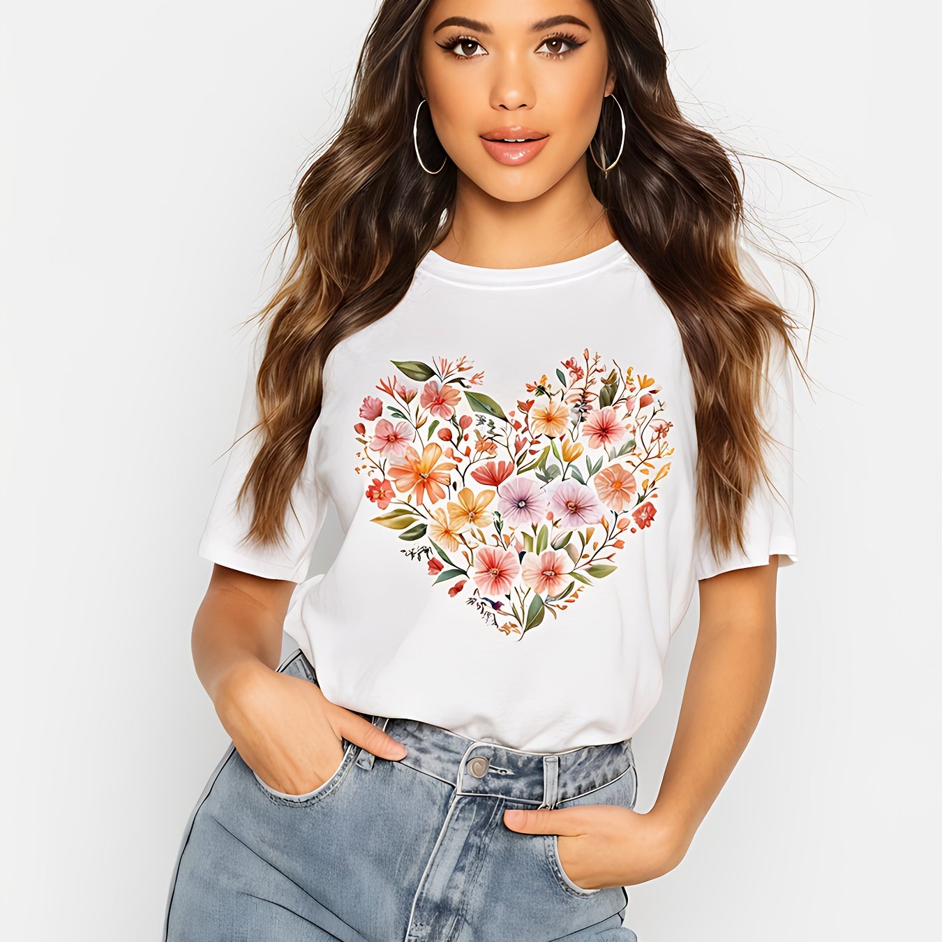 Floral Print Crew Neck T-Shirt for Women Casual Style