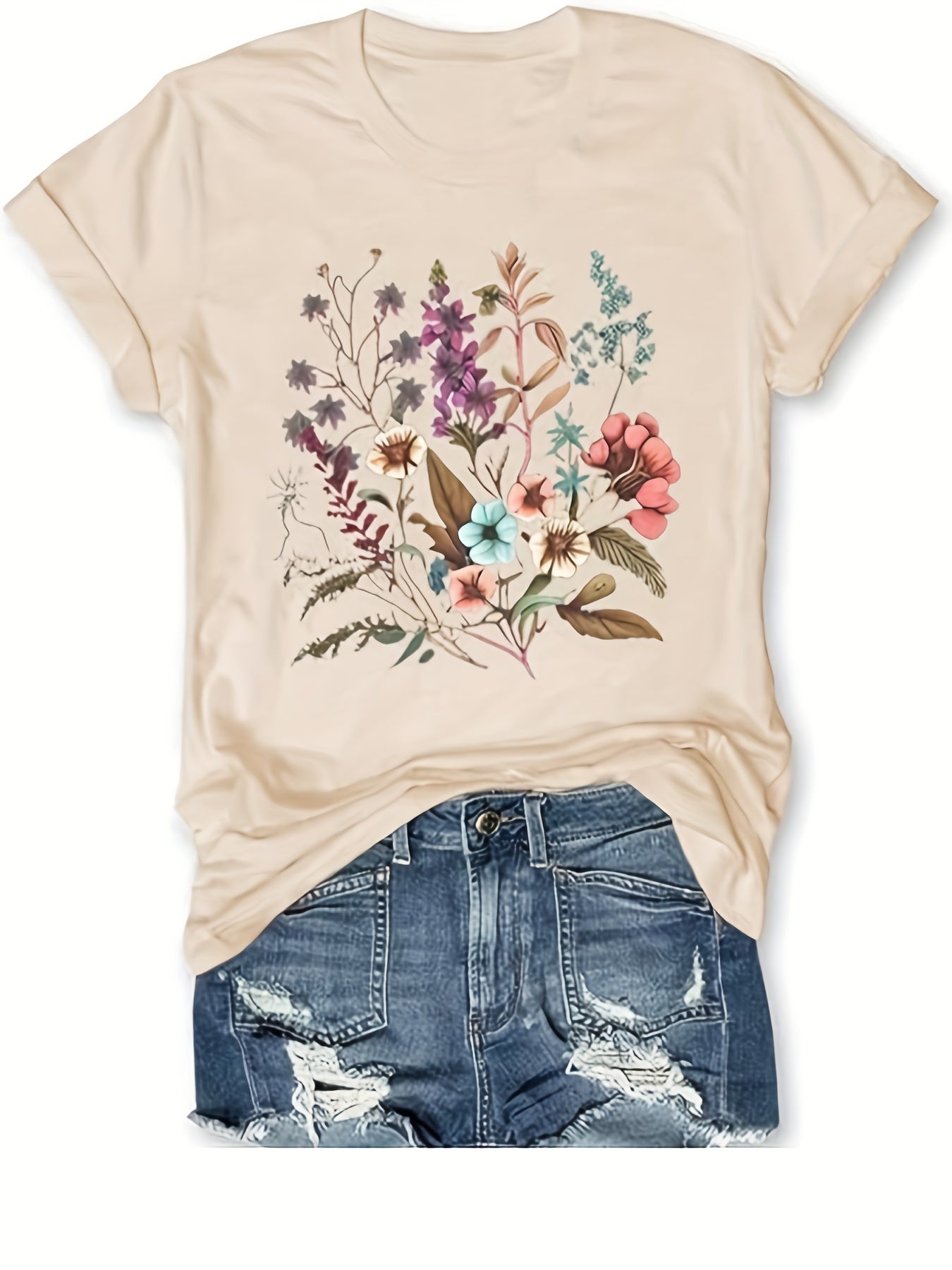 Floral Print Crew Neck T-Shirt for Women Casual Style