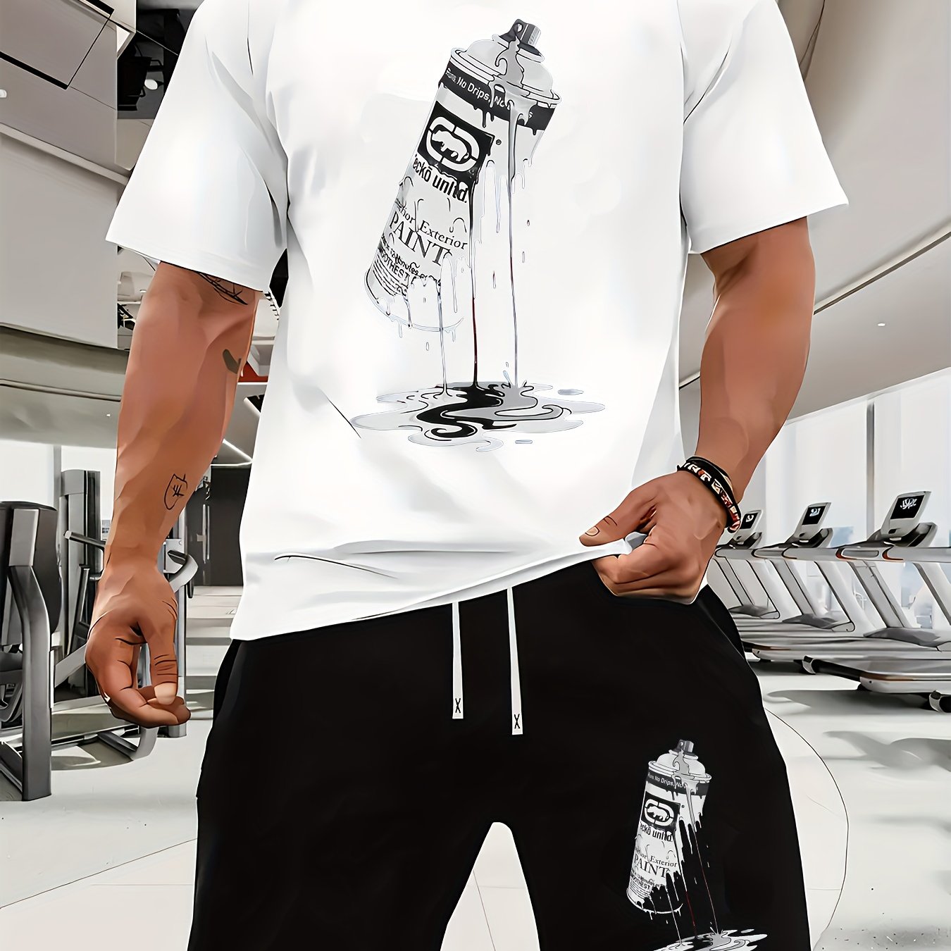 Men's Casual Rhino Badge Print T-Shirt and Shorts Set