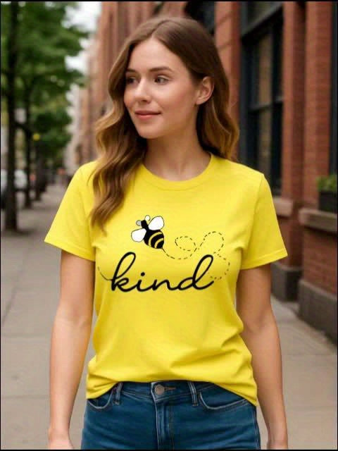 Women's Kind Letter Bee Print Casual Cotton T-Shirt
