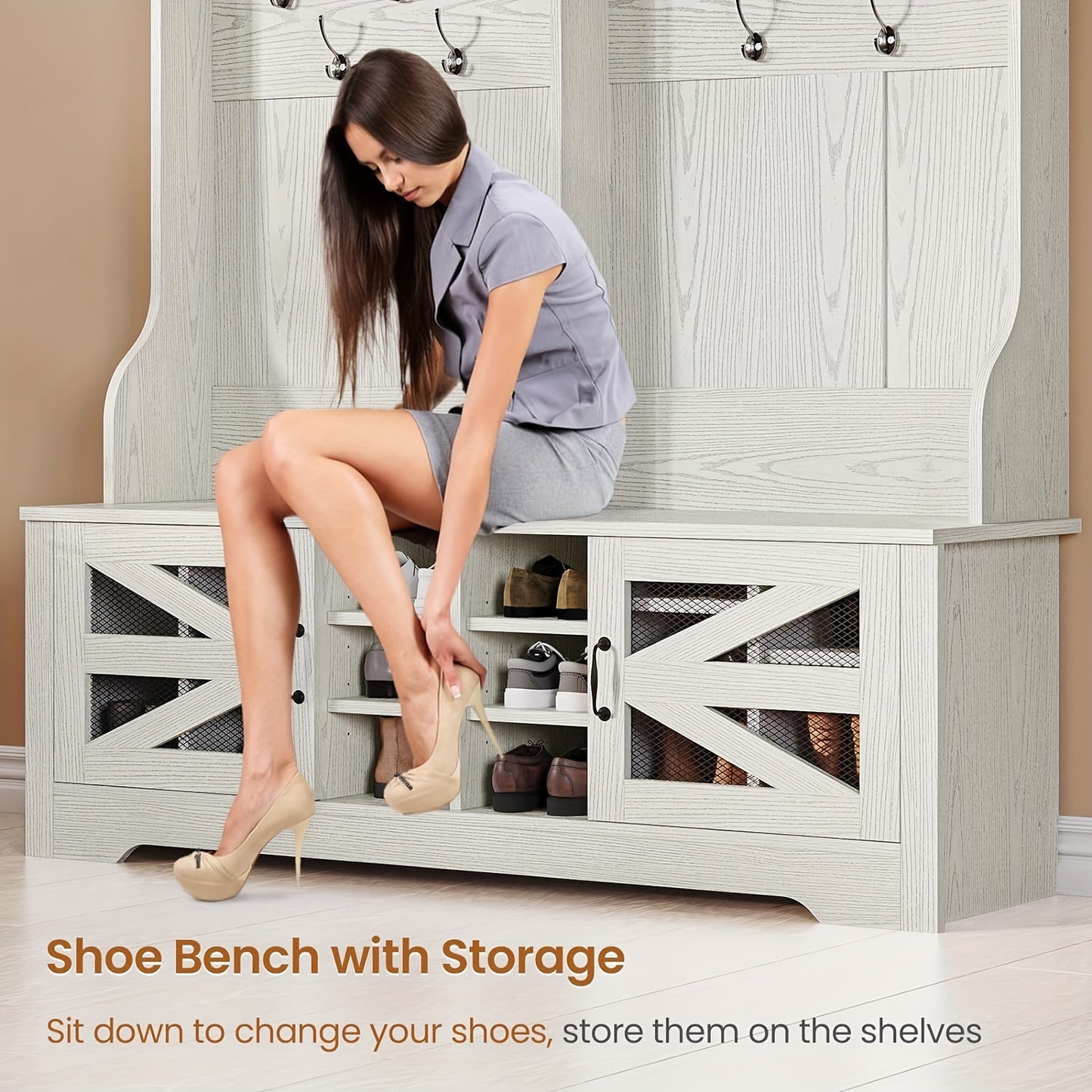 5-in-1 Hall Tree Bench with Shoe Storage and Coat Rack