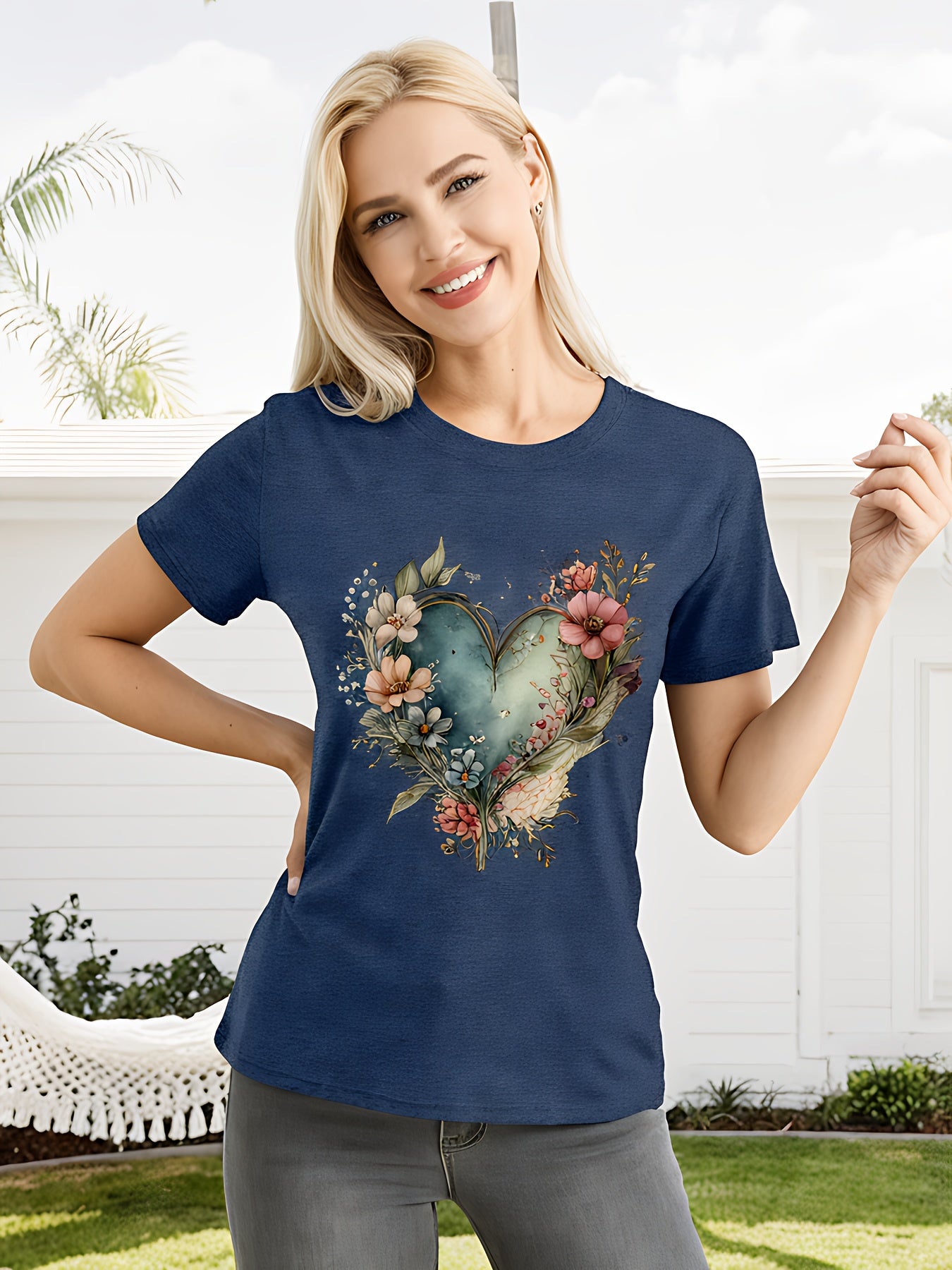 Floral Print Crew Neck T-Shirt for Women Casual Style