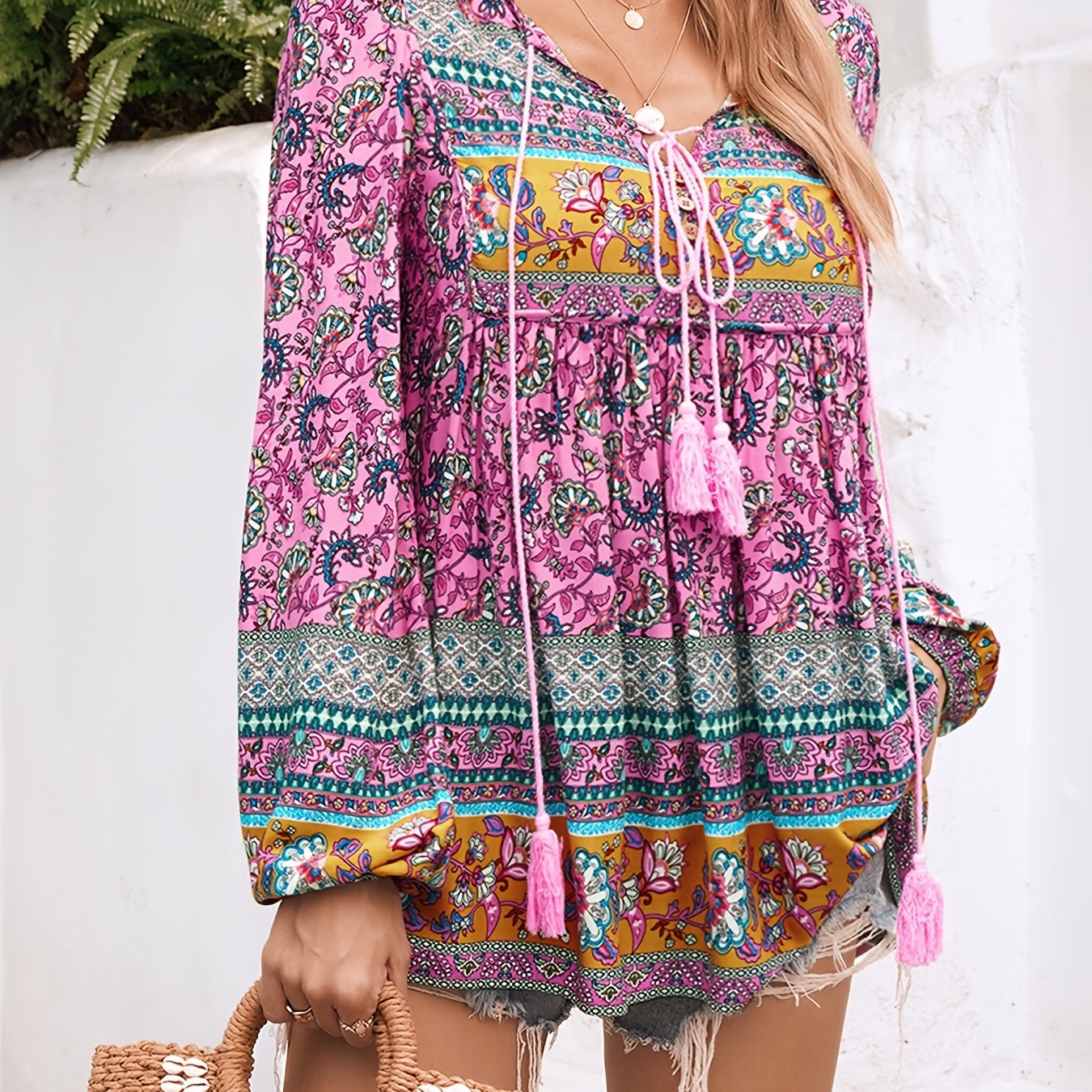 Bohemian Print Lace-Up Tassel Shirt for Women
