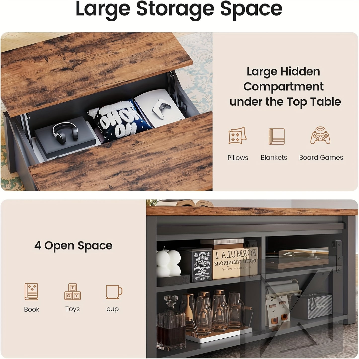 Farmhouse Lift Top Coffee Table with Hidden Storage Compartment