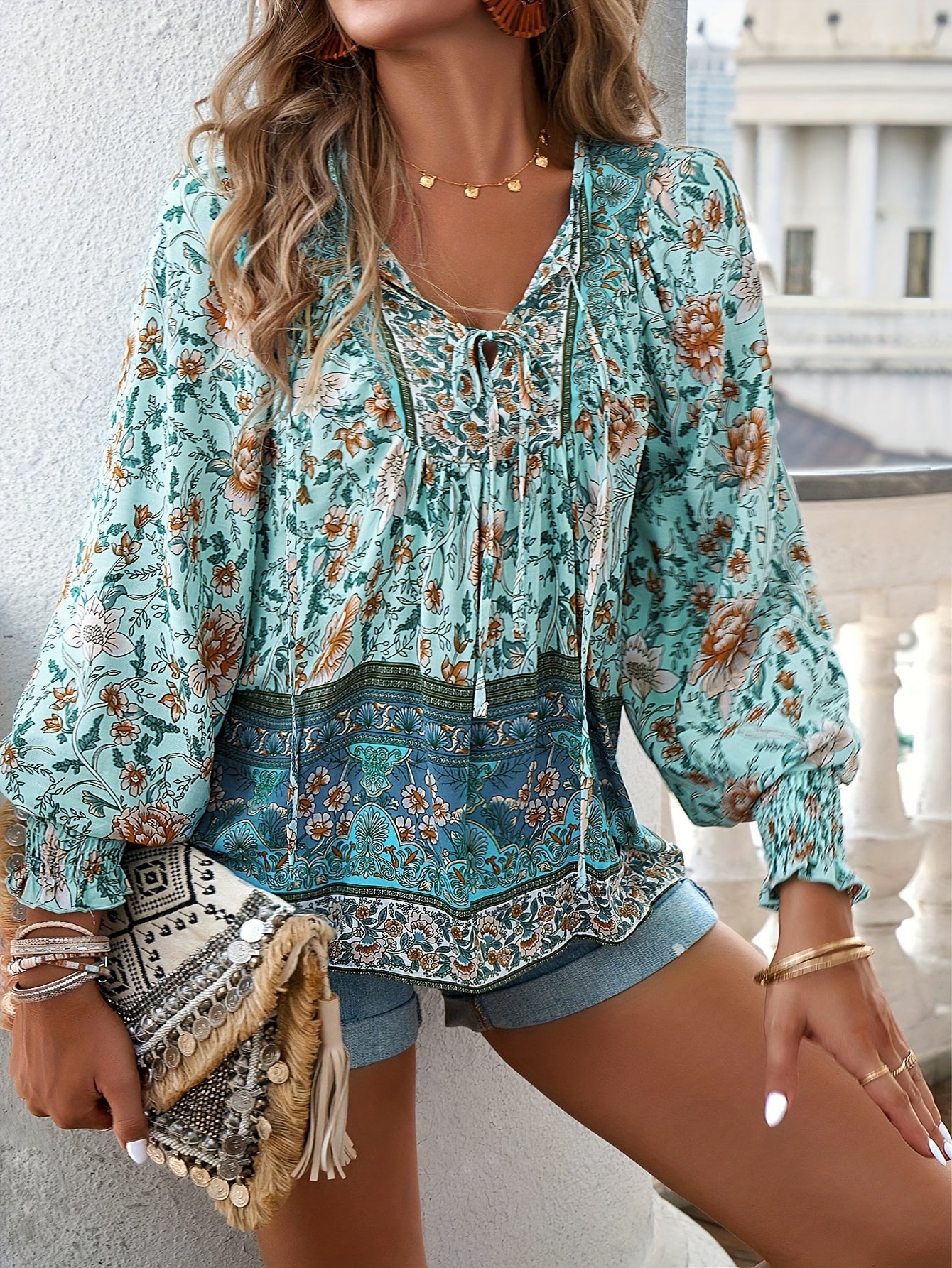 Bohemian Floral Print Plus Size V-Neck Shirt for Summer