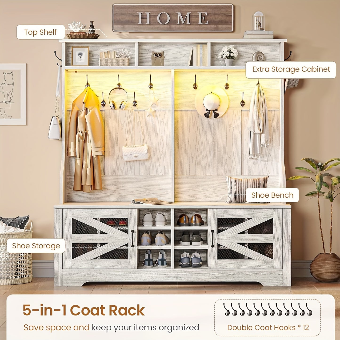 5-in-1 Hall Tree Bench with Shoe Storage and Coat Rack