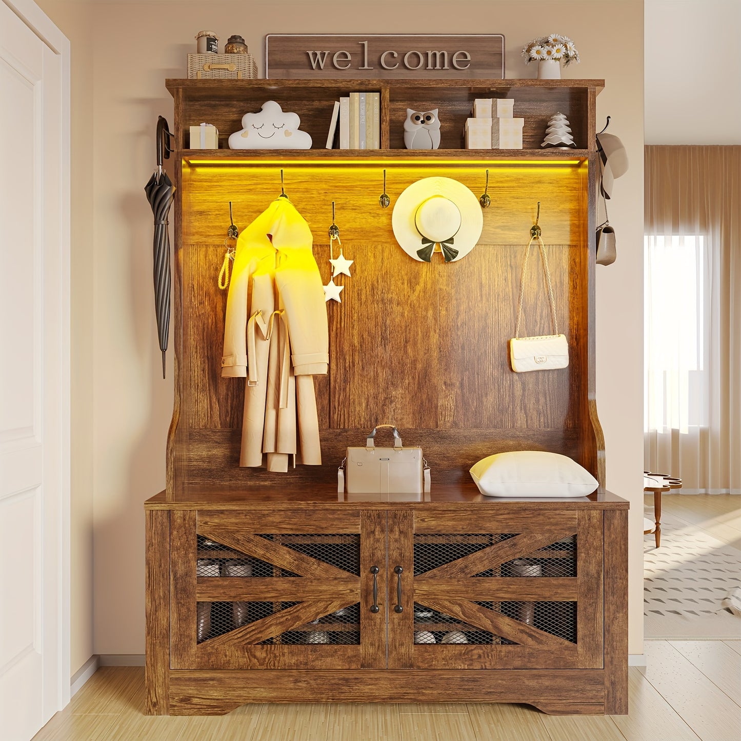 5-in-1 Hall Tree Bench with Shoe Storage and Coat Hooks